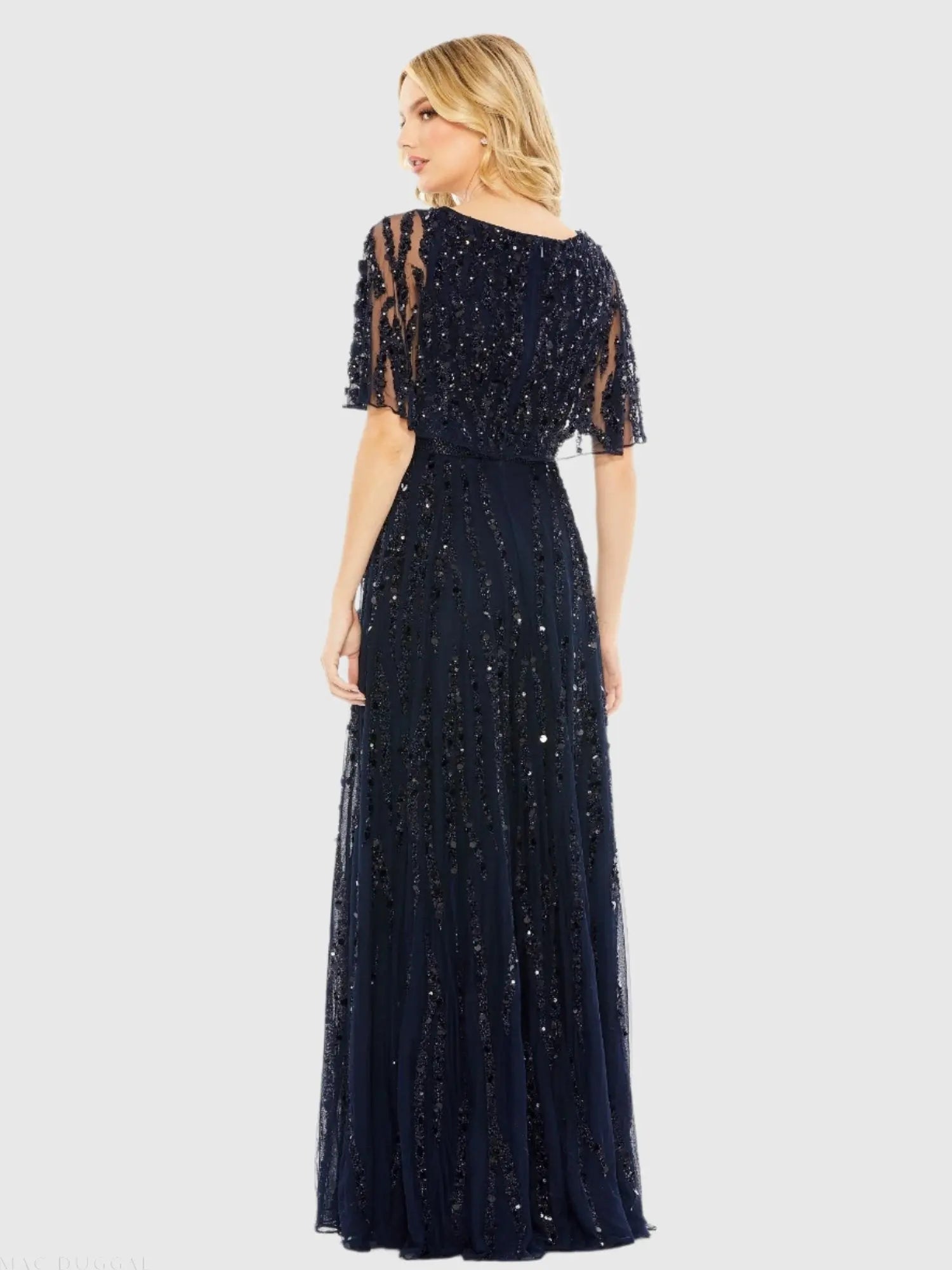 Navy Embellished V-neck Empire Waist Gown-Myartka
