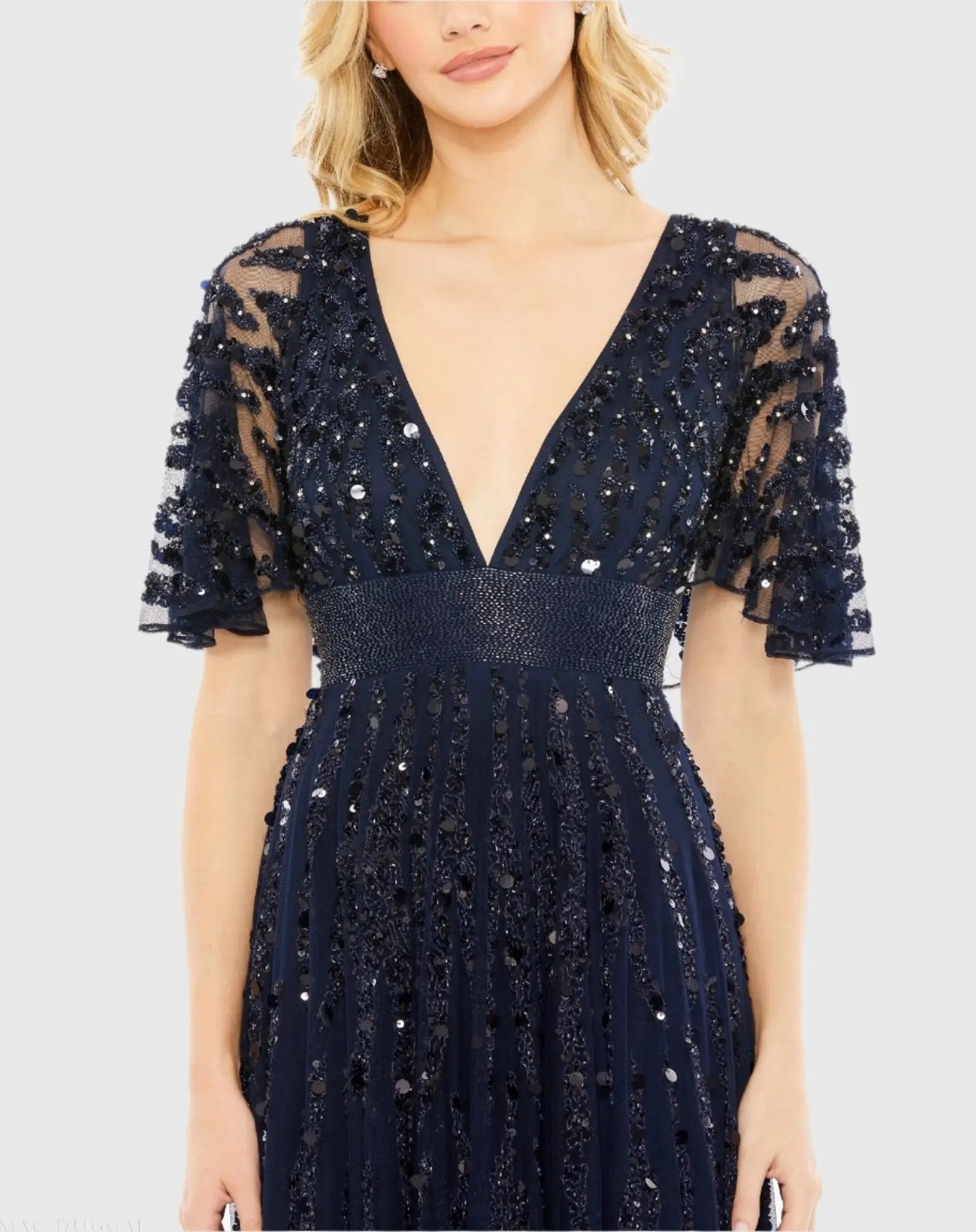 Navy Embellished V-neck Empire Waist Gown-Myartka