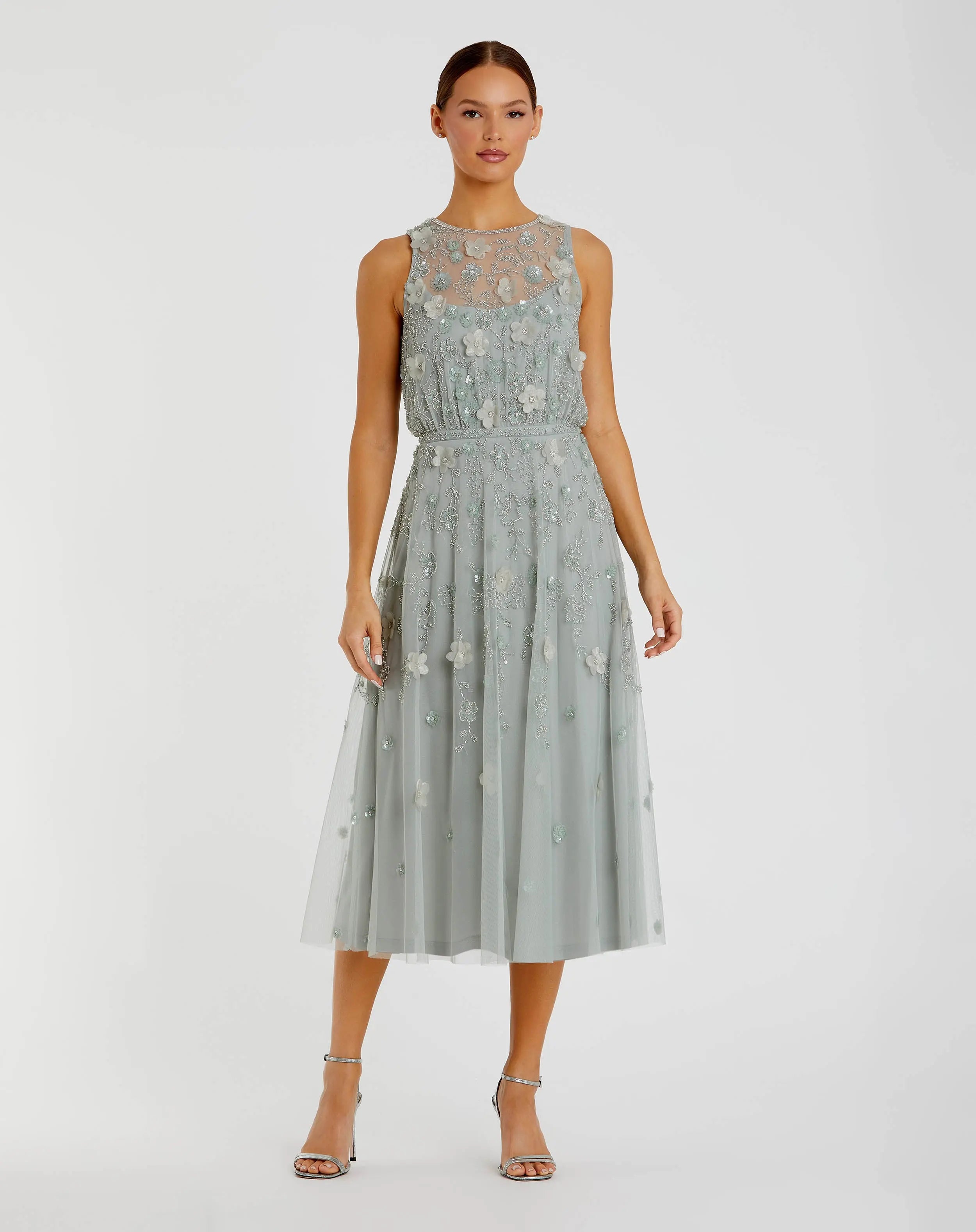 Green Floral Embellished Sleeveless Midi Dress-Myartka