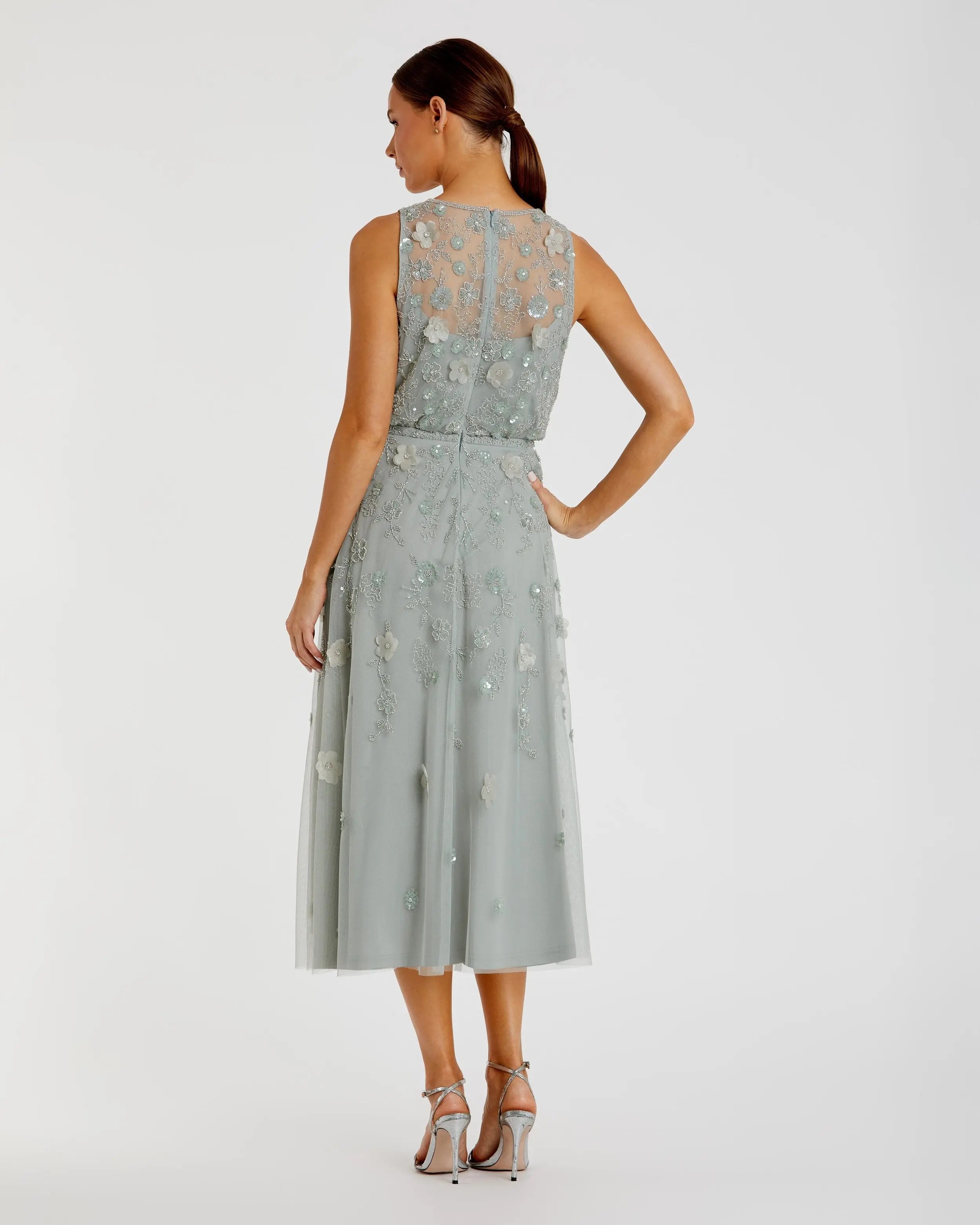 Green Floral Embellished Sleeveless Midi Dress-Myartka