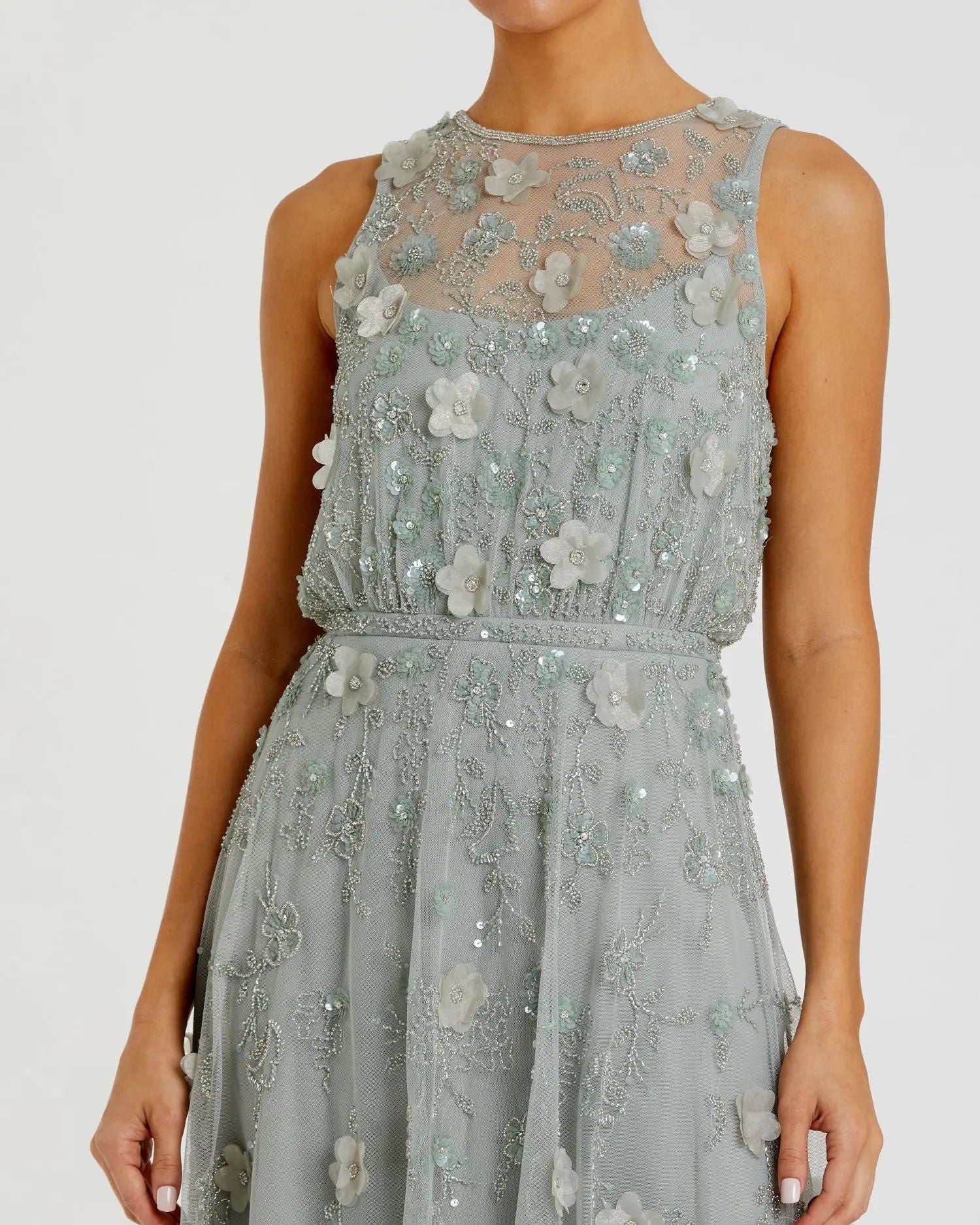 Green Floral Embellished Sleeveless Midi Dress-Myartka