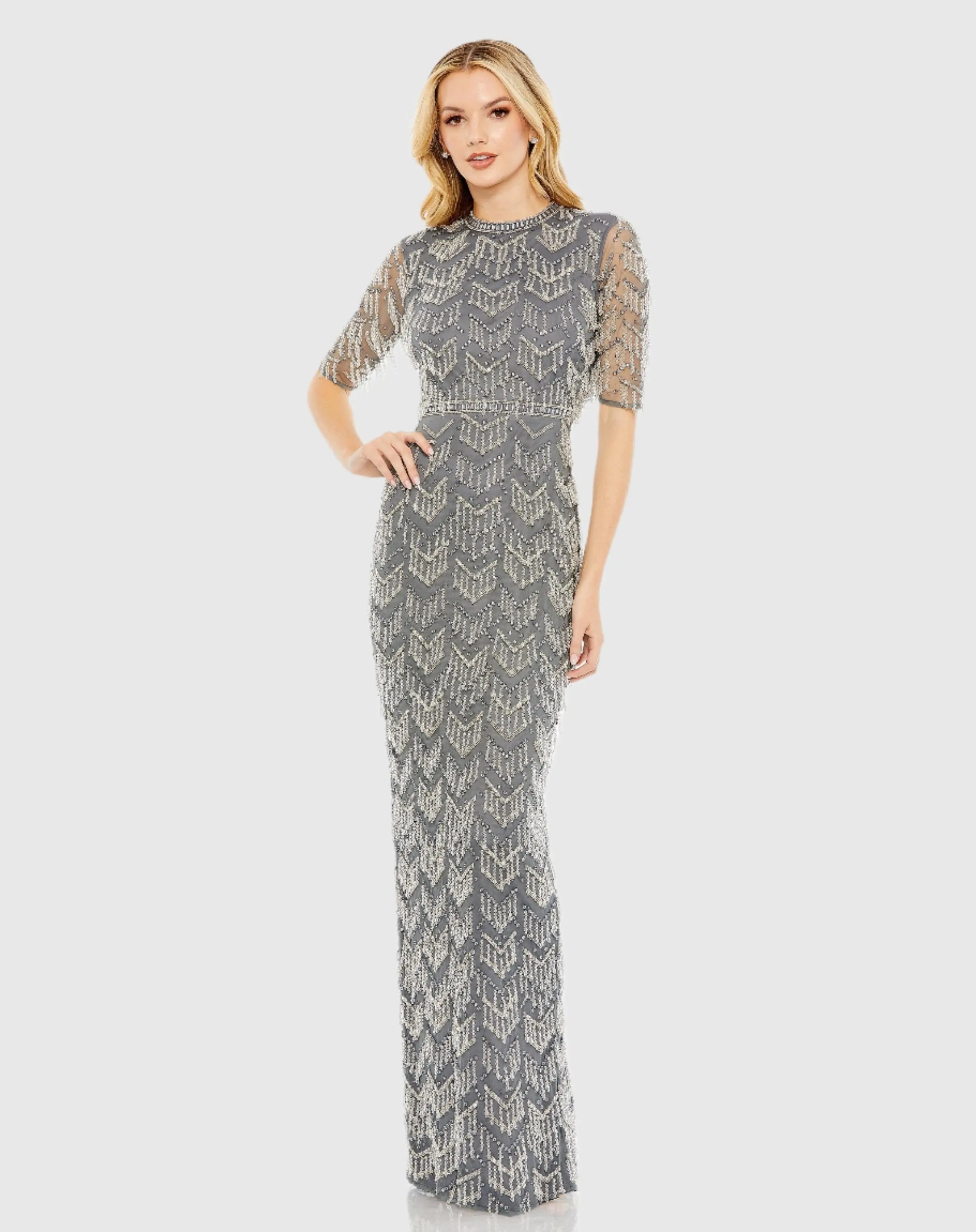 Gray Beaded Fringe Quarter Sleeve Column Gown-Myartka