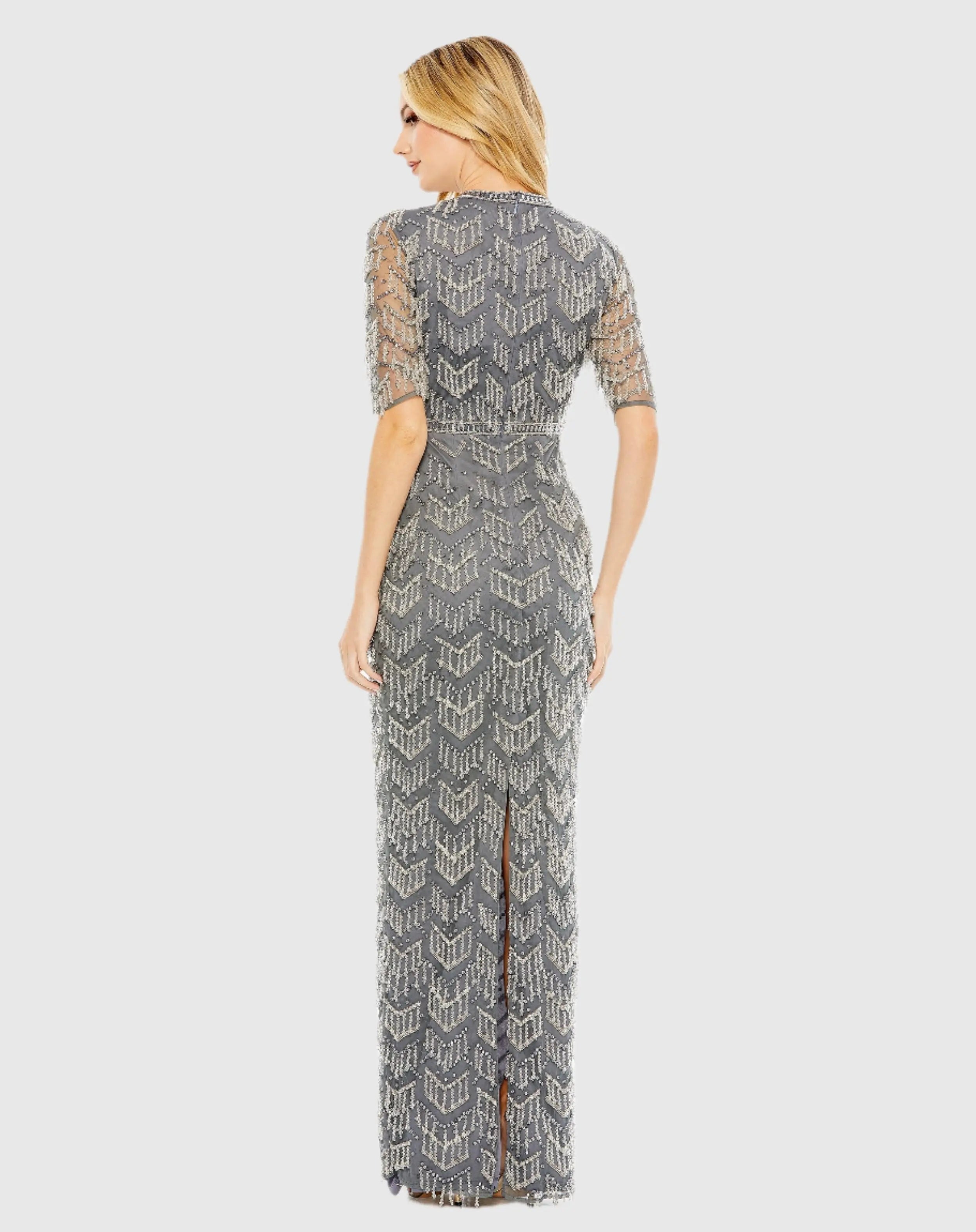 Gray Beaded Fringe Quarter Sleeve Column Gown-Myartka