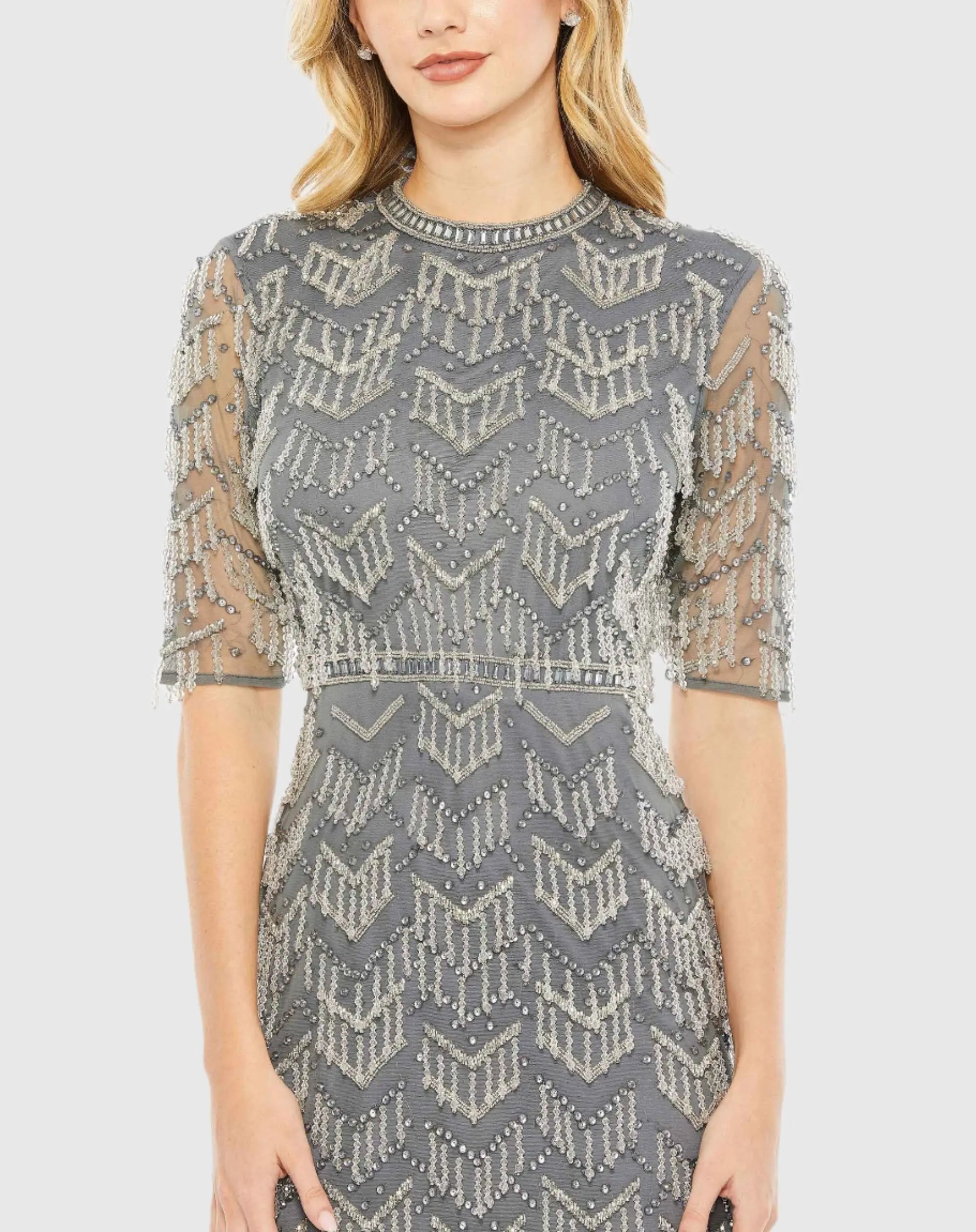 Gray Beaded Fringe Quarter Sleeve Column Gown-Myartka