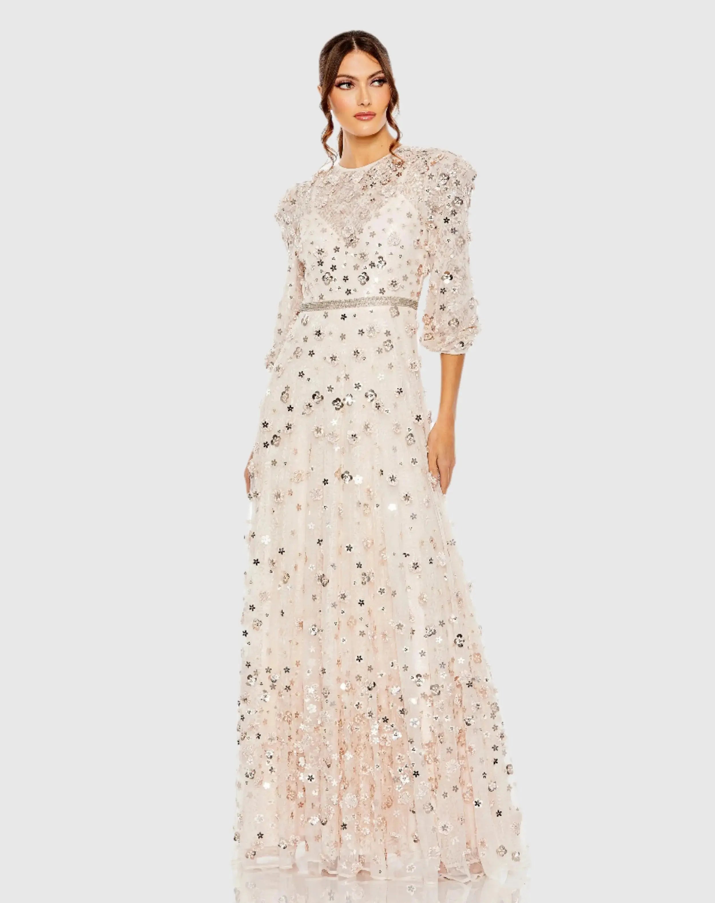 Pink Floral Applique Puff Sleeve High Neck A-Line Gown-Myartka