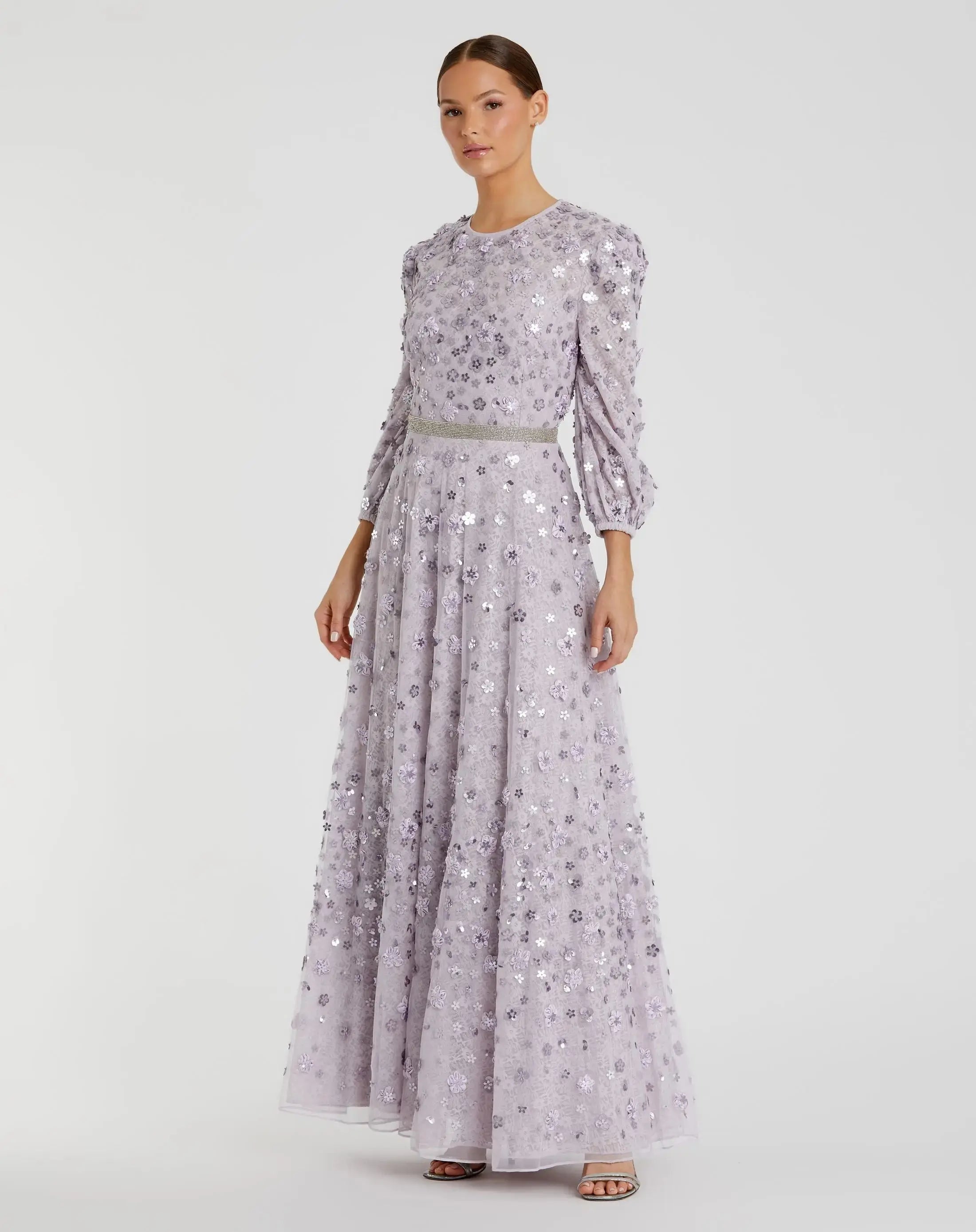 Purple Floral Applique Puff Sleeve High Neck A-Line Gown-Myartka