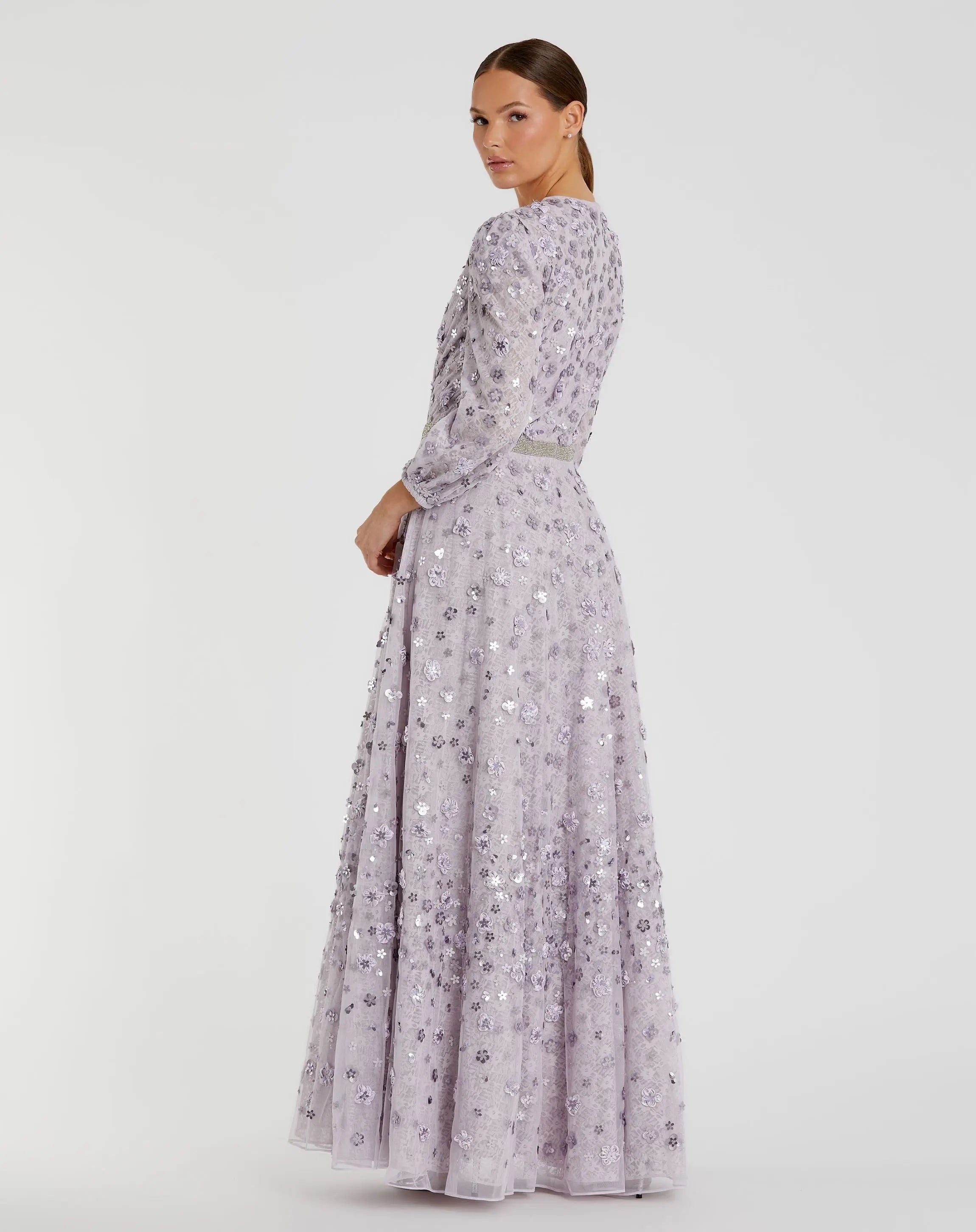 Purple Floral Applique Puff Sleeve High Neck A-Line Gown-Myartka