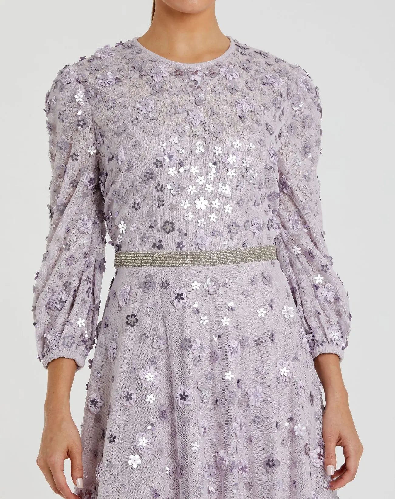 Purple Floral Applique Puff Sleeve High Neck A-Line Gown-Myartka