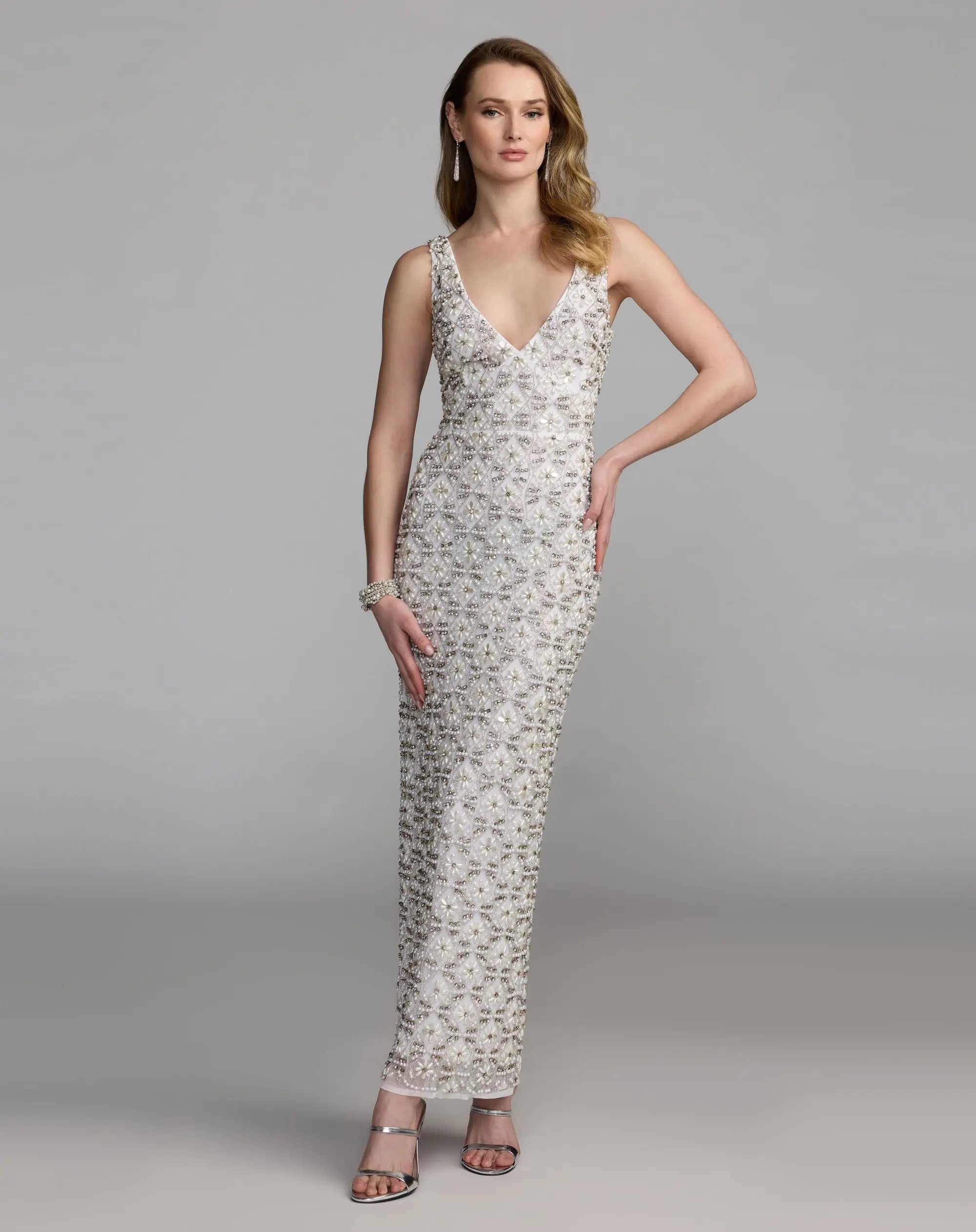White Pearl Embellished Sleeveless Column Dress-Myartka