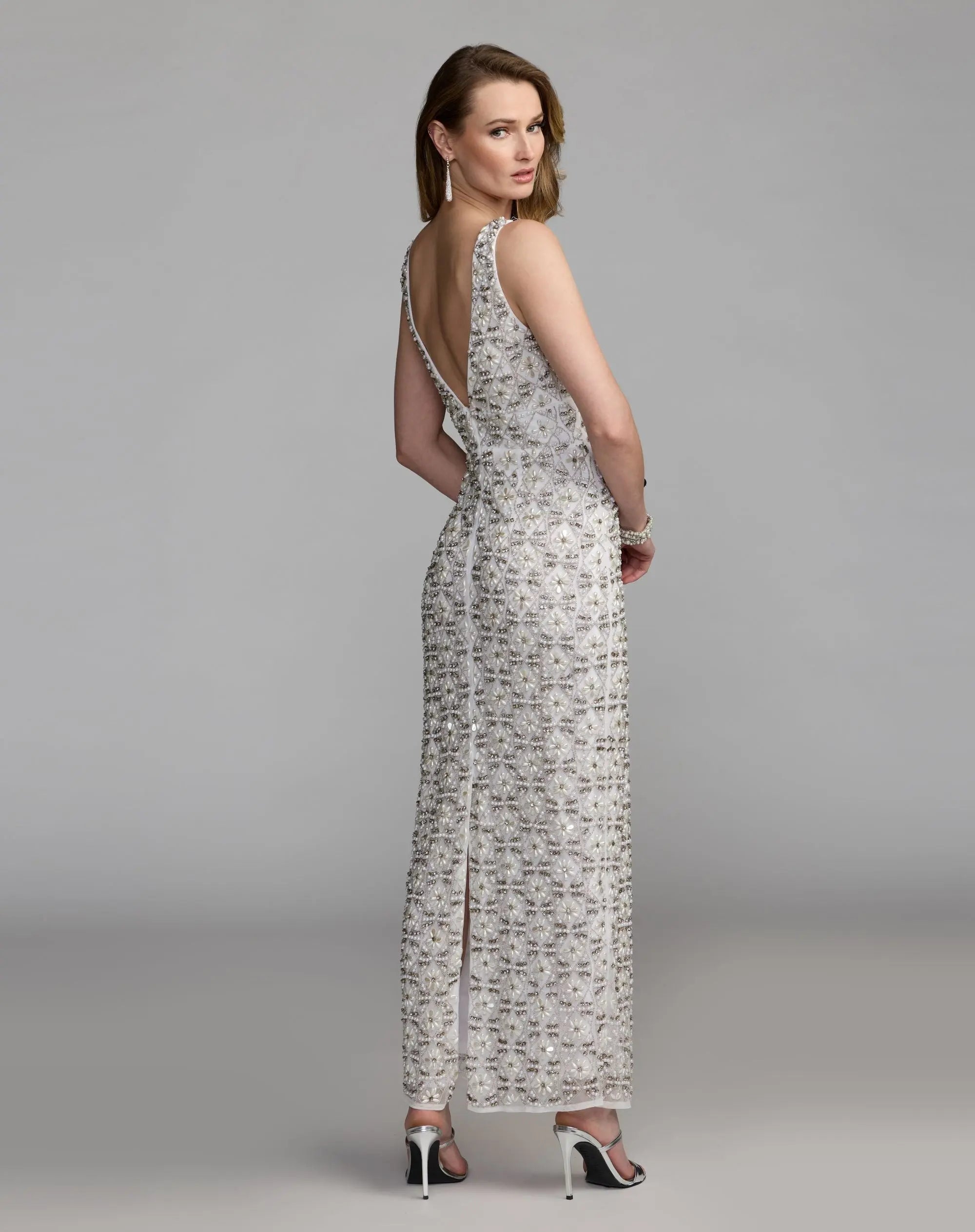 White Pearl Embellished Sleeveless Column Dress-Myartka