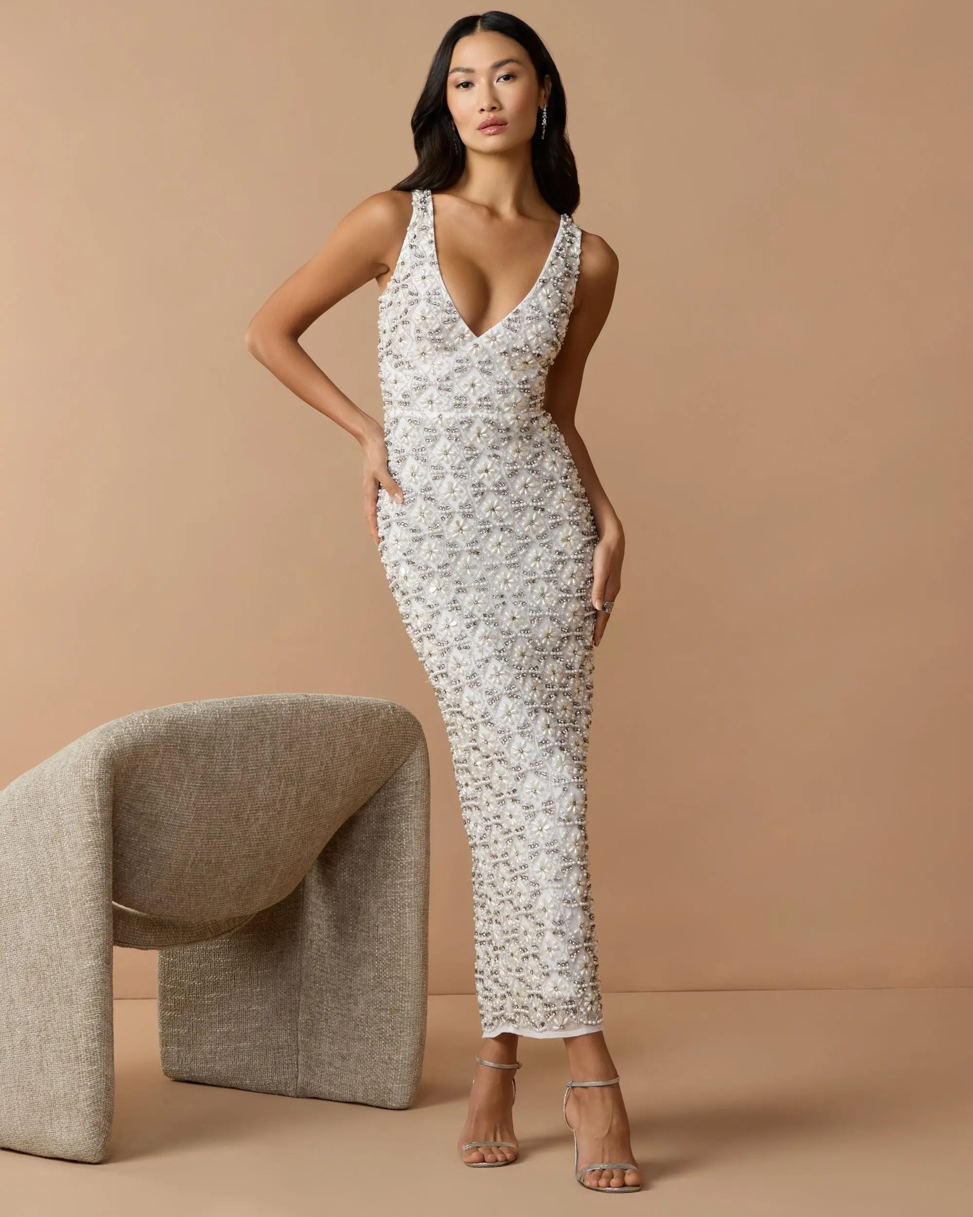 White Pearl Embellished Sleeveless Column Dress-Myartka