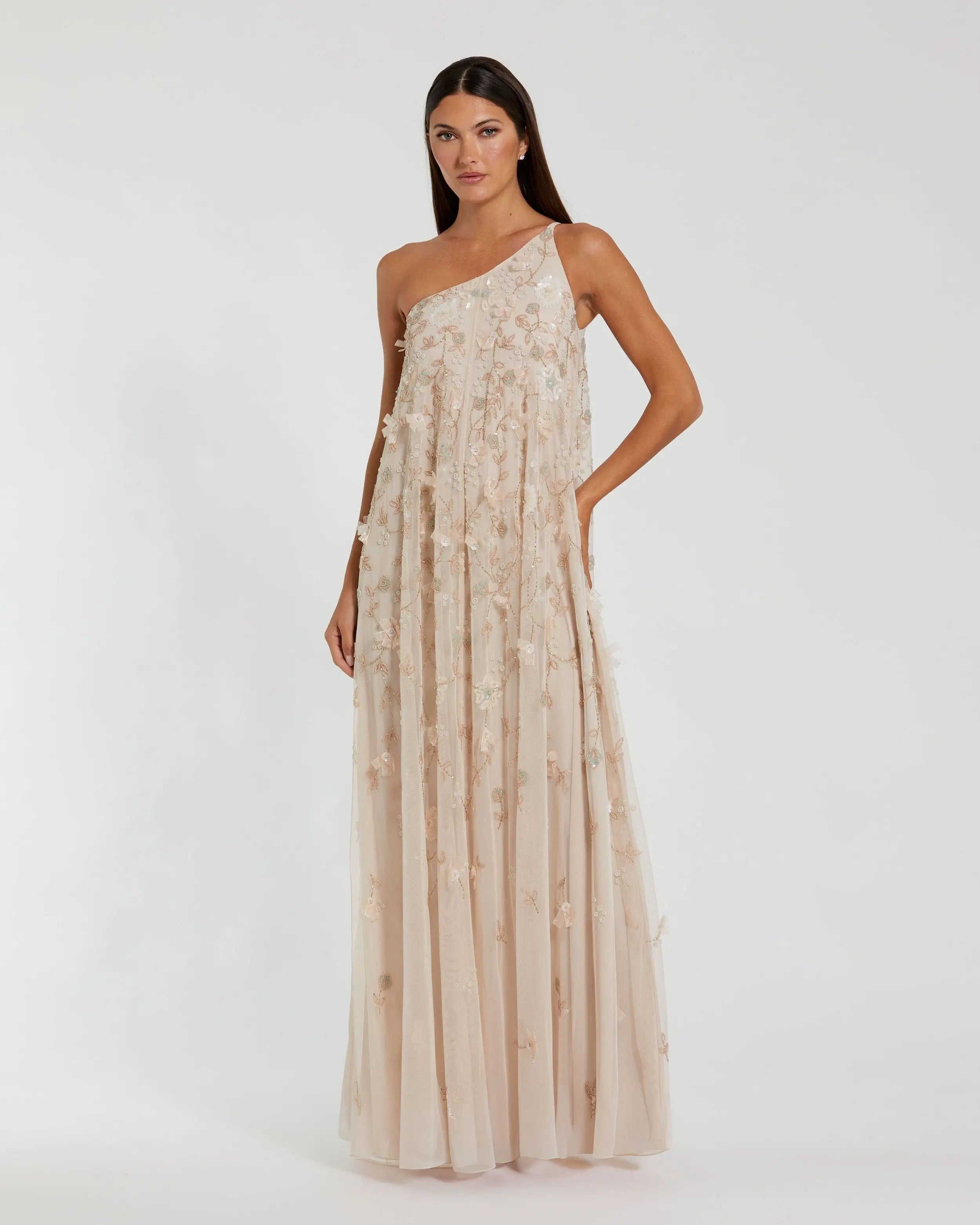 Beige One Shoulder Floral Embellished Trapeze Gown-Myartka