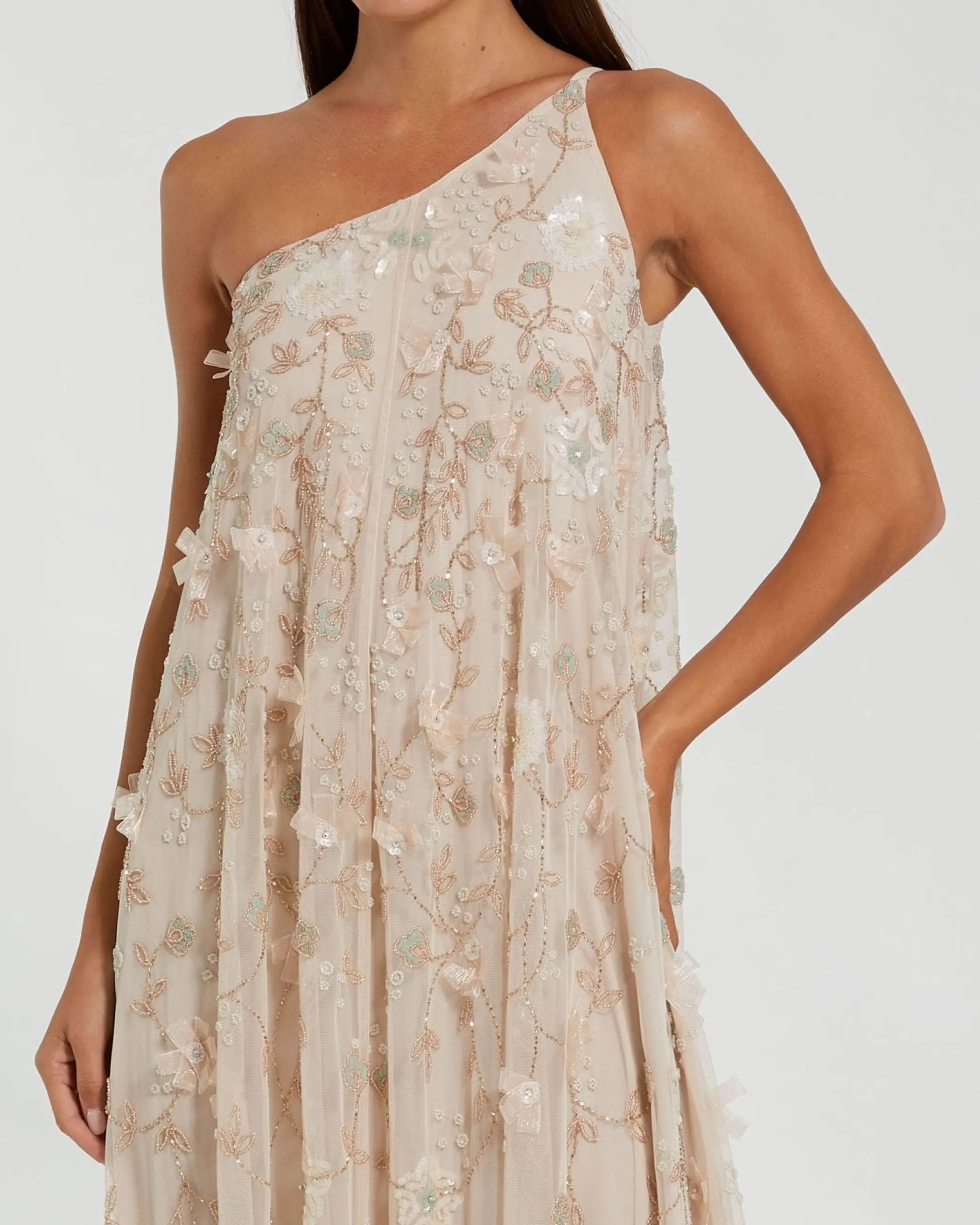 Beige One Shoulder Floral Embellished Trapeze Gown-Myartka