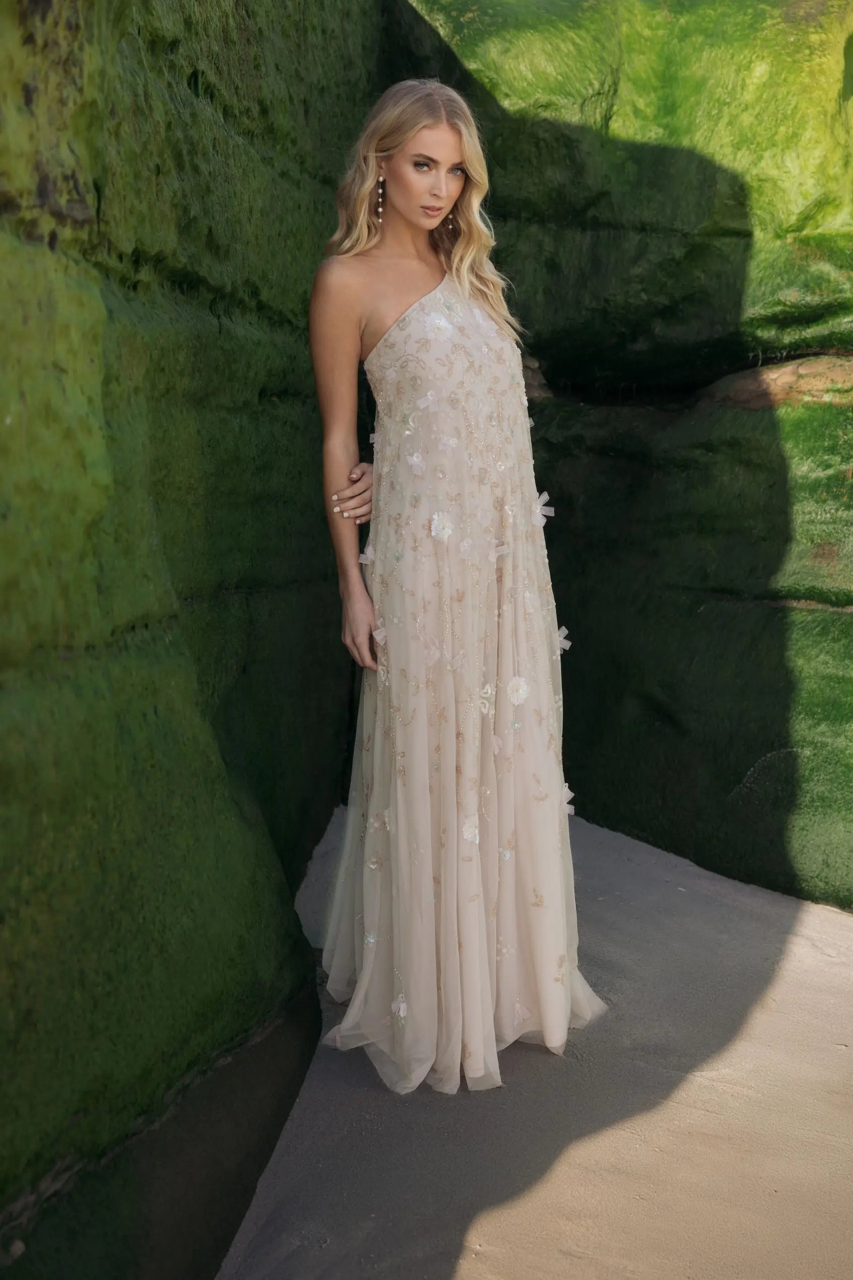 Beige One Shoulder Floral Embellished Trapeze Gown-Myartka