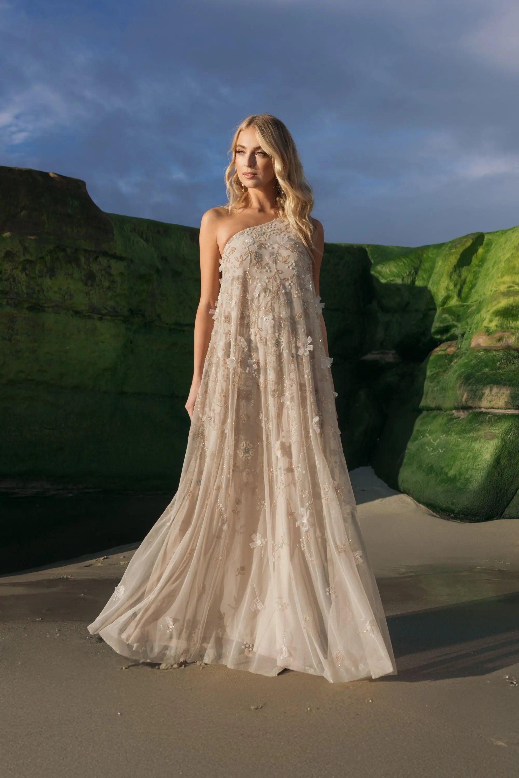 Beige One Shoulder Floral Embellished Trapeze Gown-Myartka