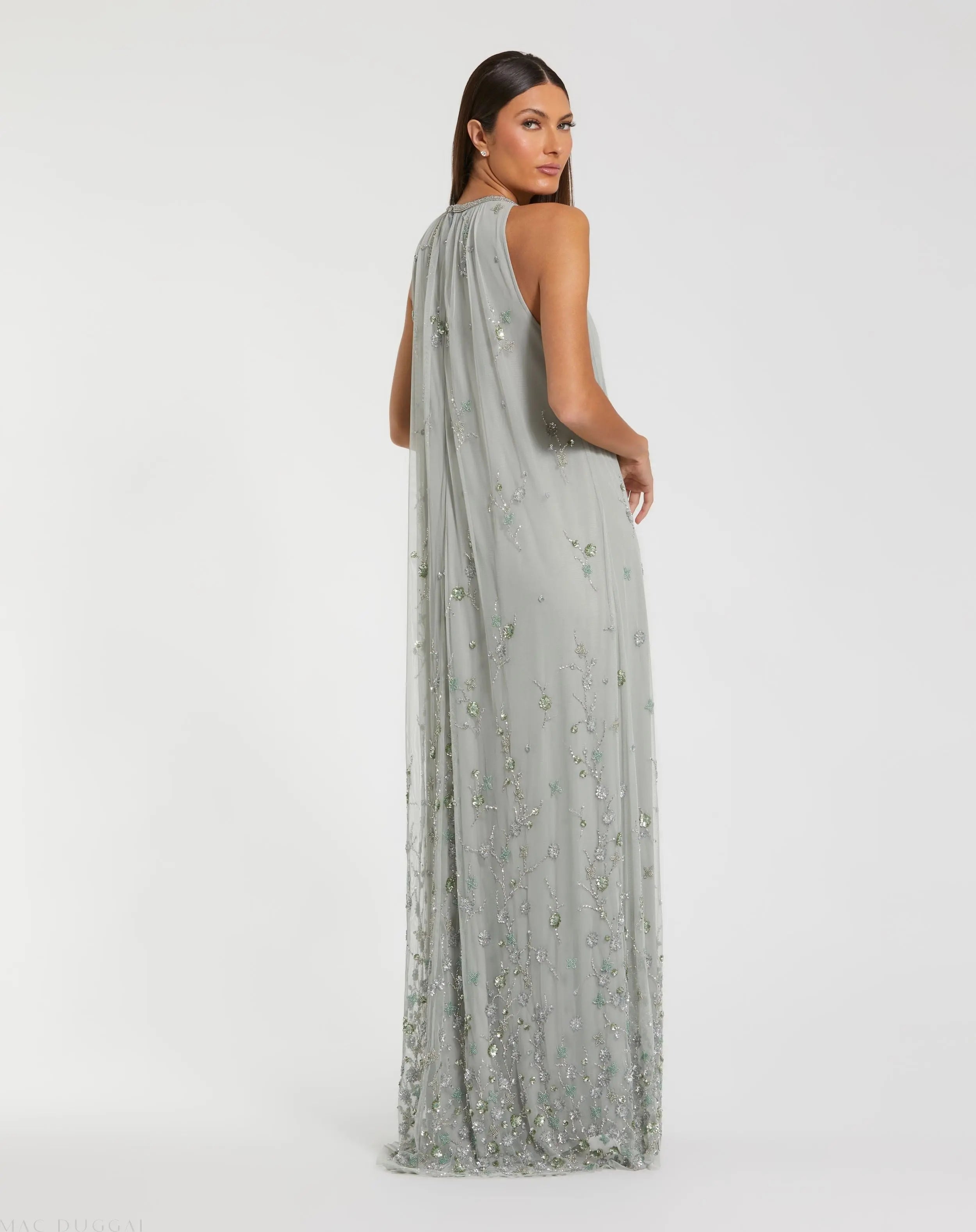 Green High Neck Floral Embellished Mesh Trapeze Gown-Myartka