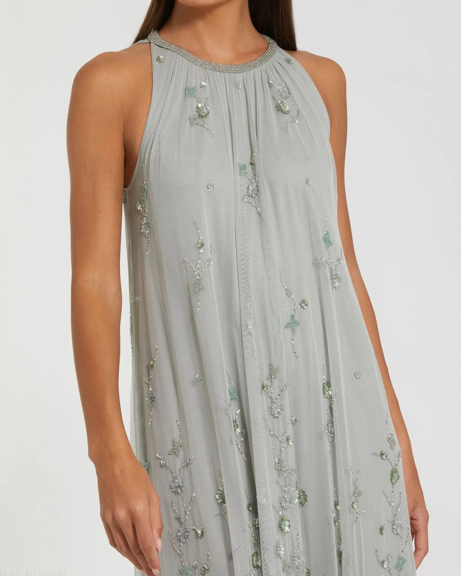Green High Neck Floral Embellished Mesh Trapeze Gown-Myartka