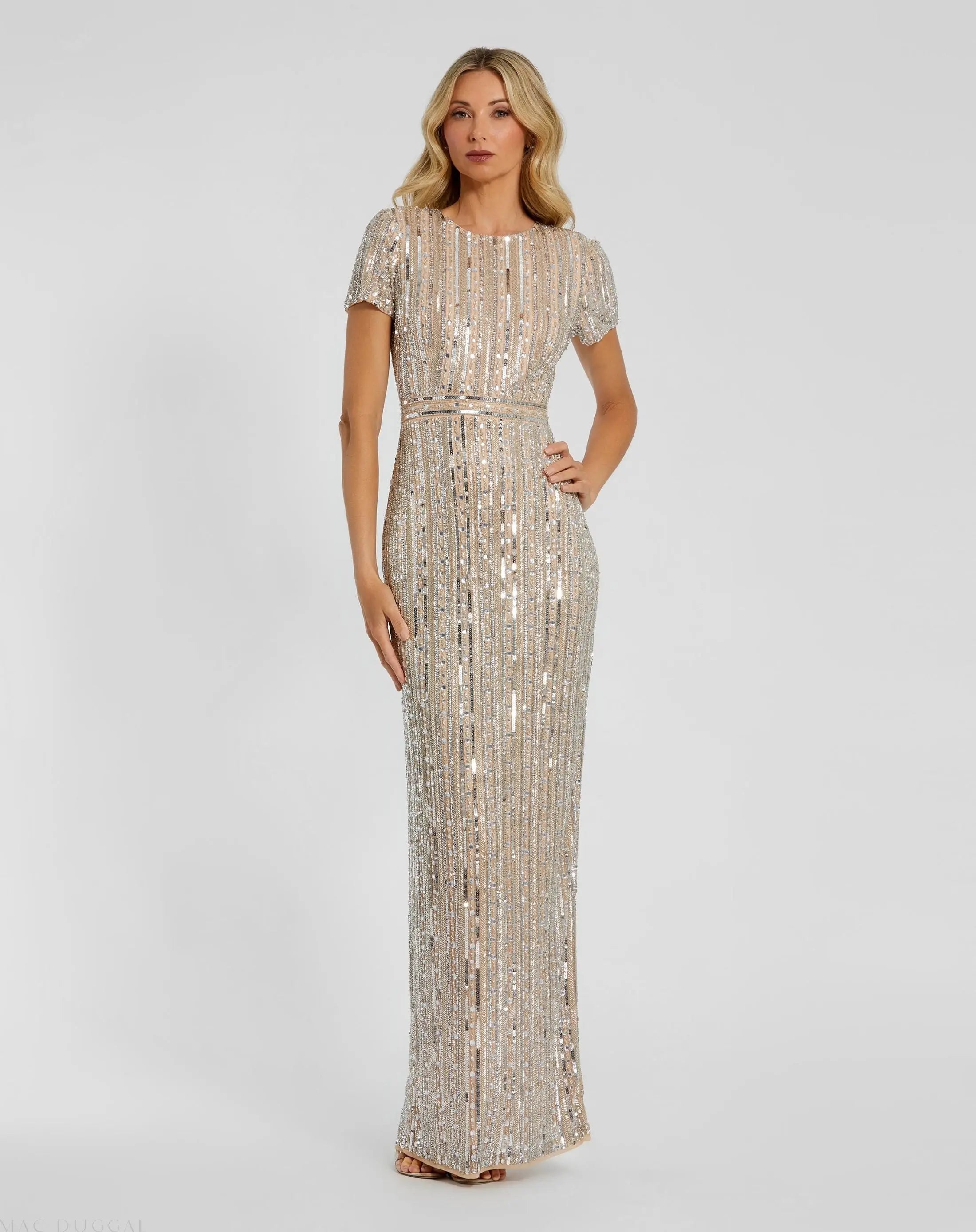 Beige and Silver High Neck Short Sleeve Embellished Gown-Myartka