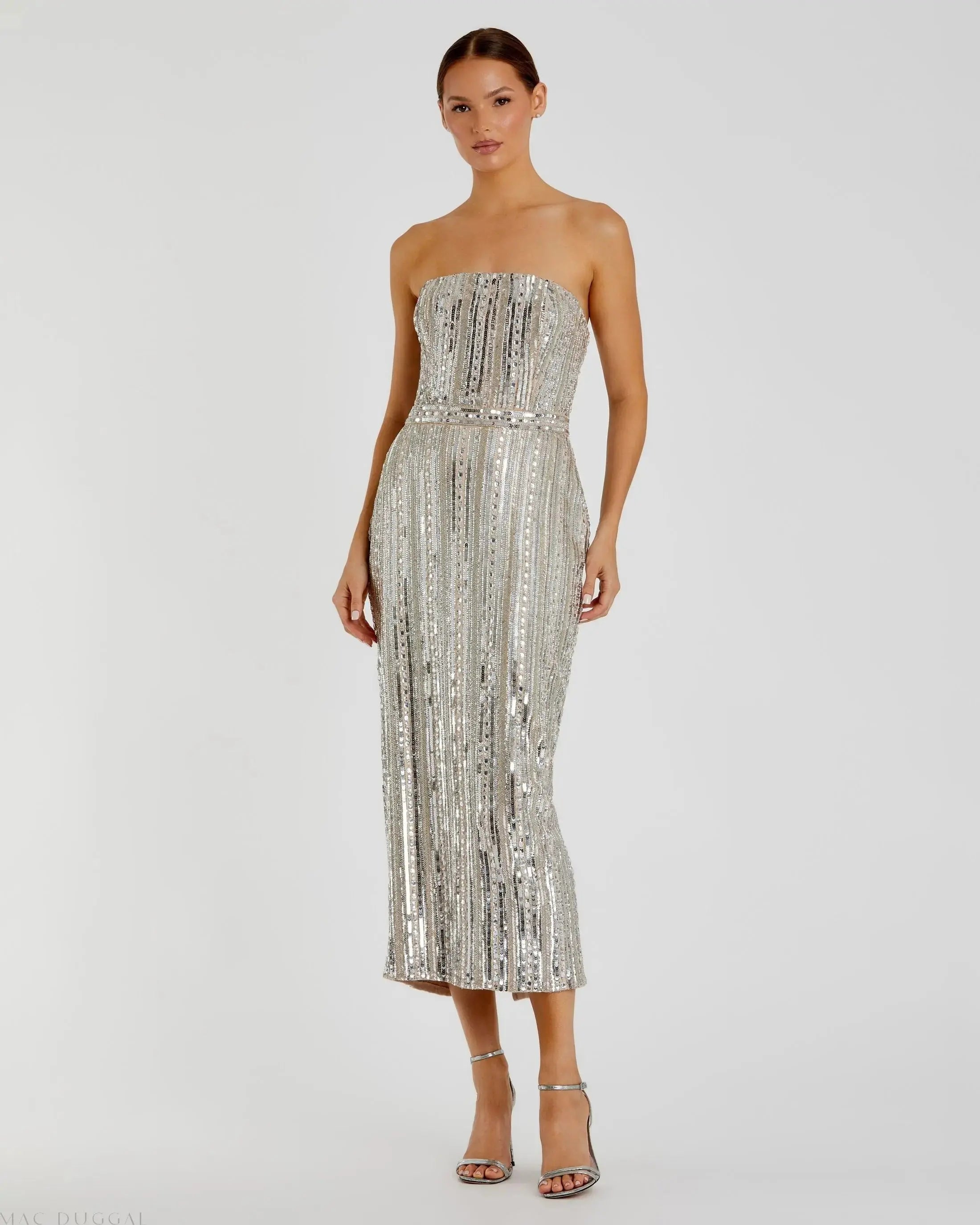 Silver and Beige Embellished Strapless Sheath Dress-Myartka