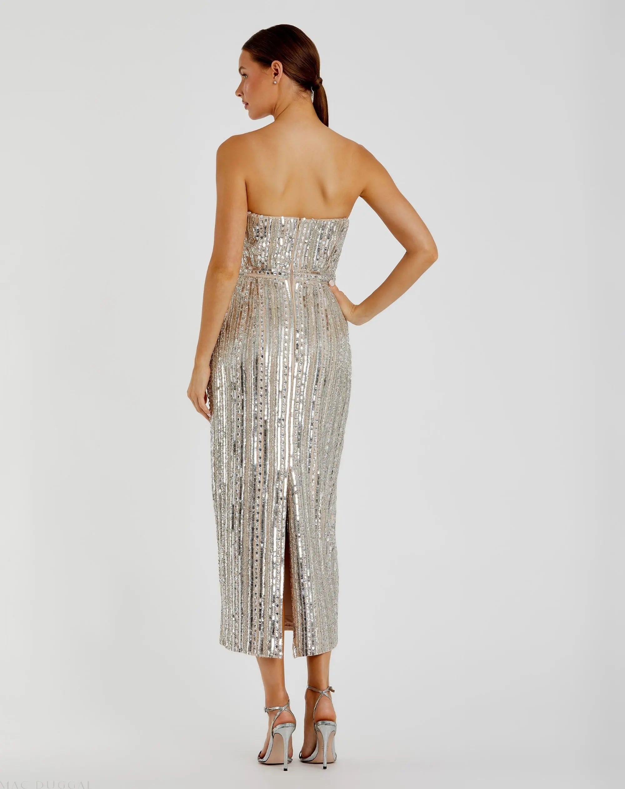 Silver and Beige Embellished Strapless Sheath Dress-Myartka