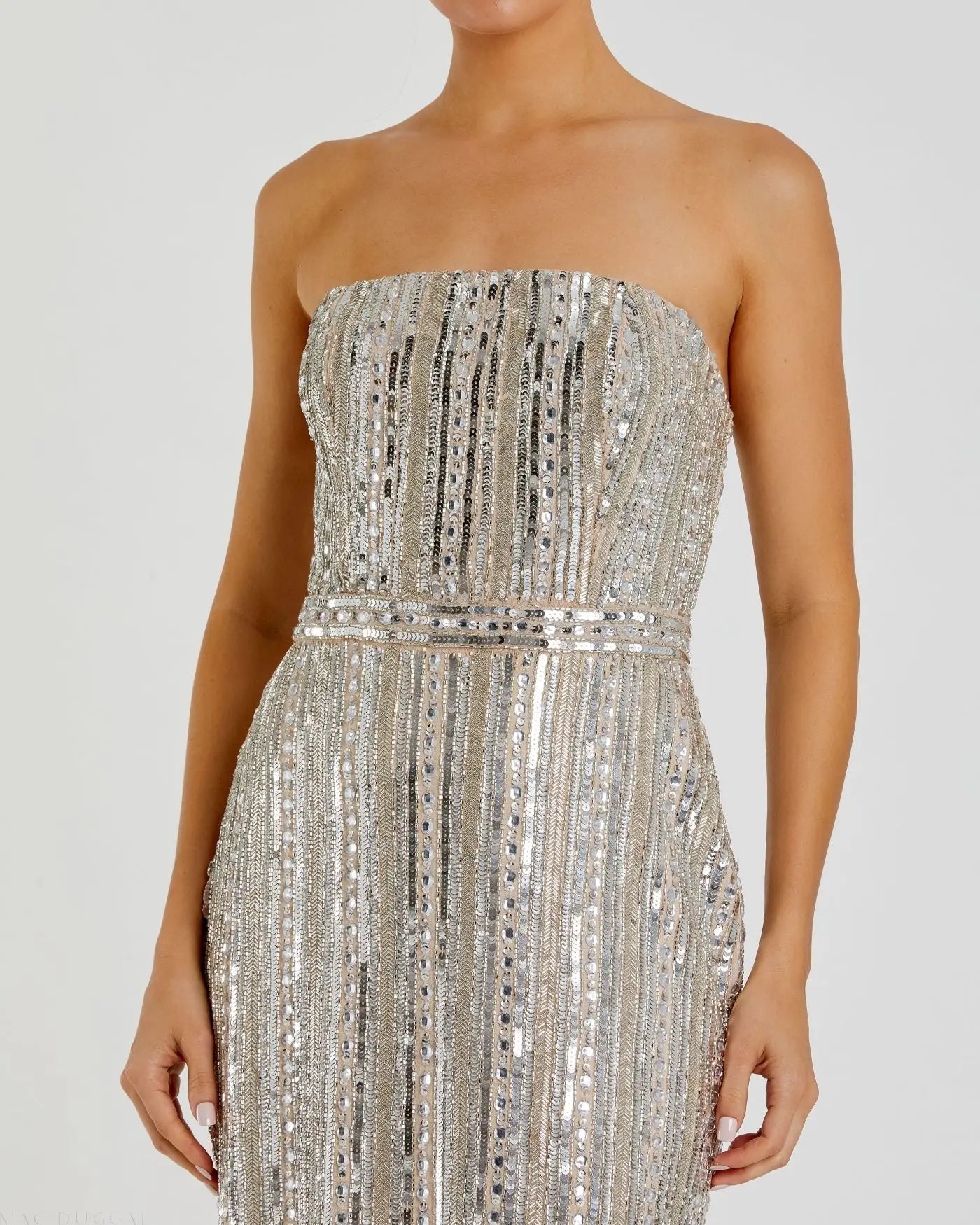 Silver and Beige Embellished Strapless Sheath Dress-Myartka