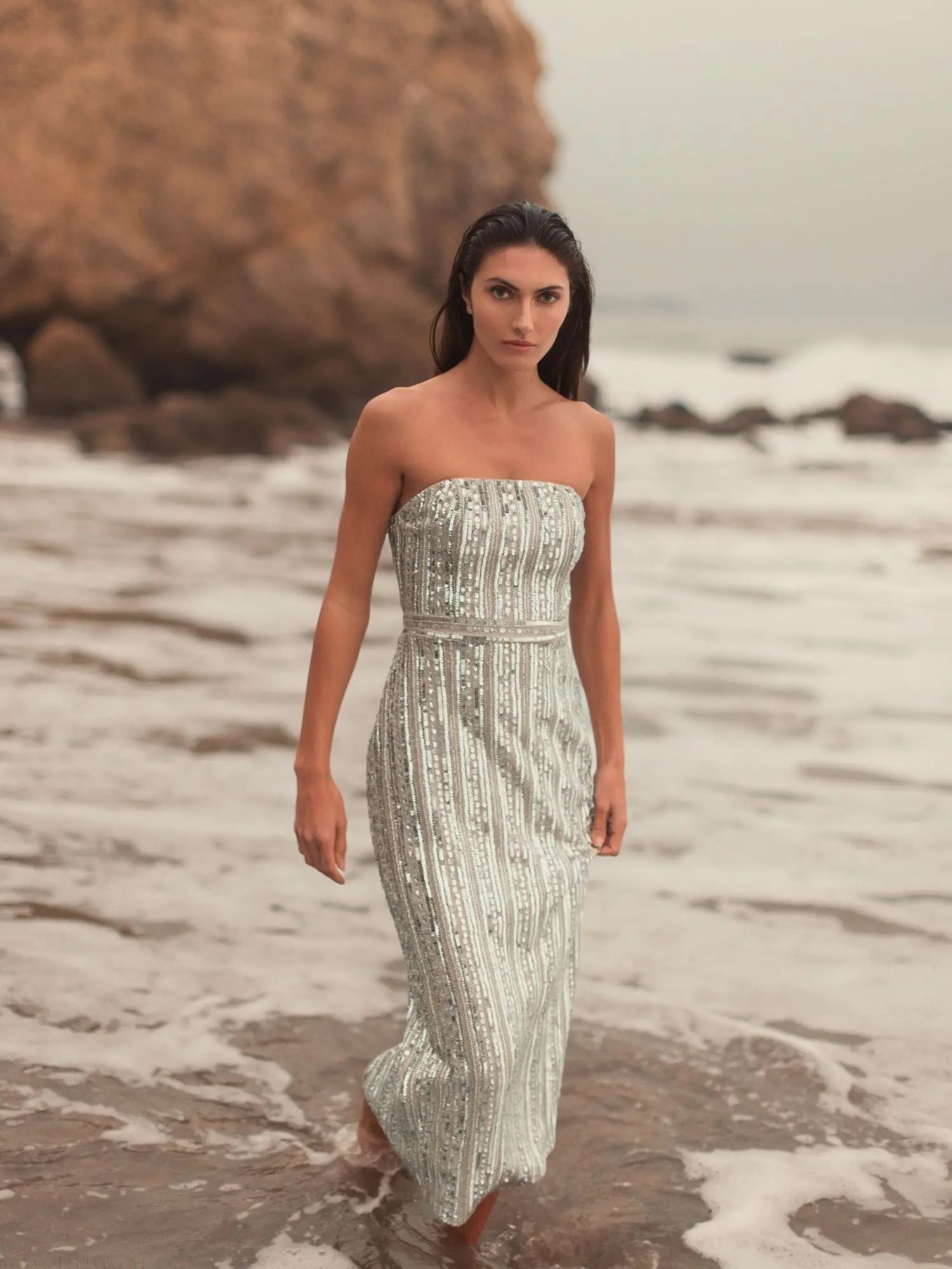 Silver and Beige Embellished Strapless Sheath Dress-Myartka