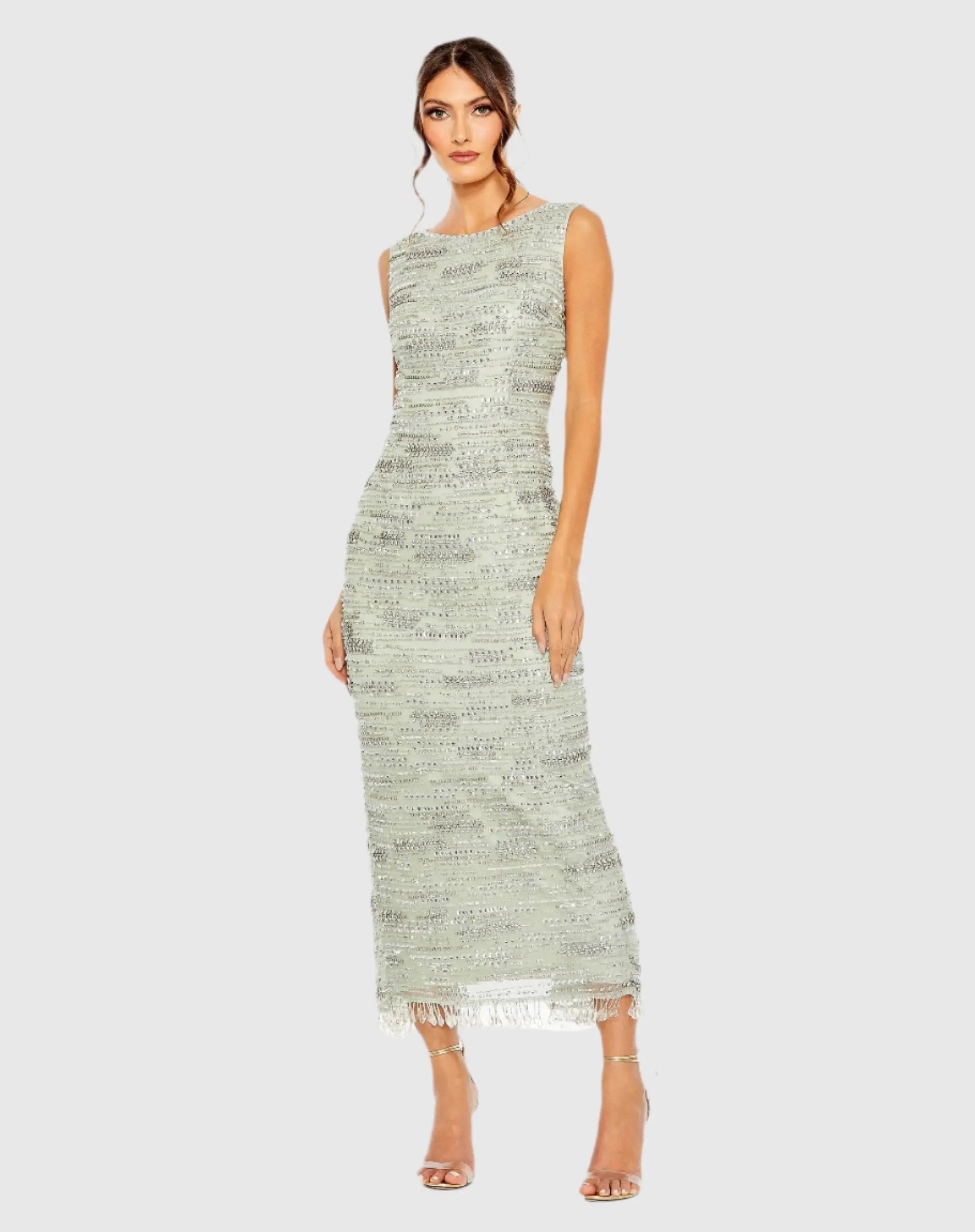 Green Sleeveless Embellished Dress With Fringe Hem-Myartka