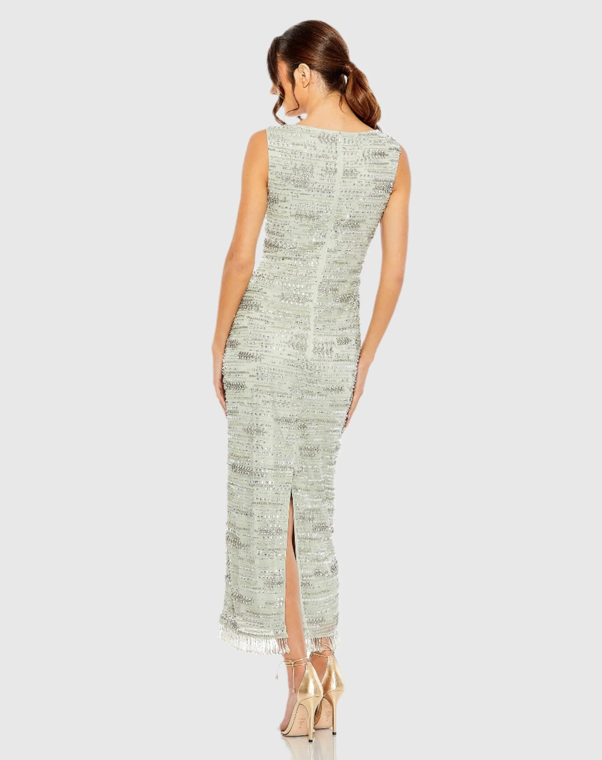 Green Sleeveless Embellished Dress With Fringe Hem-Myartka