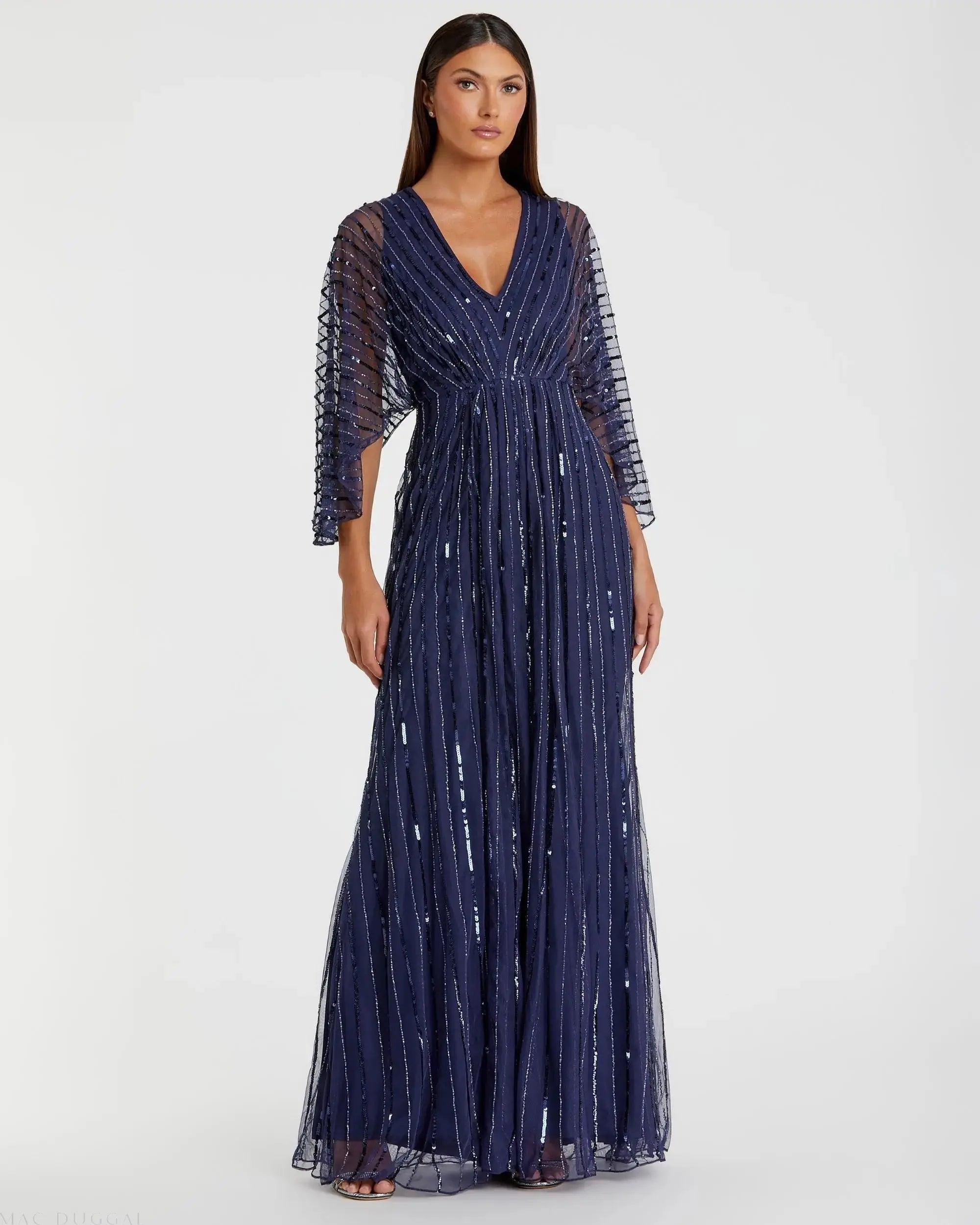 Navy Beaded Striping Kimono Sleeve V Neck Gown - FINAL SALE-Myartka