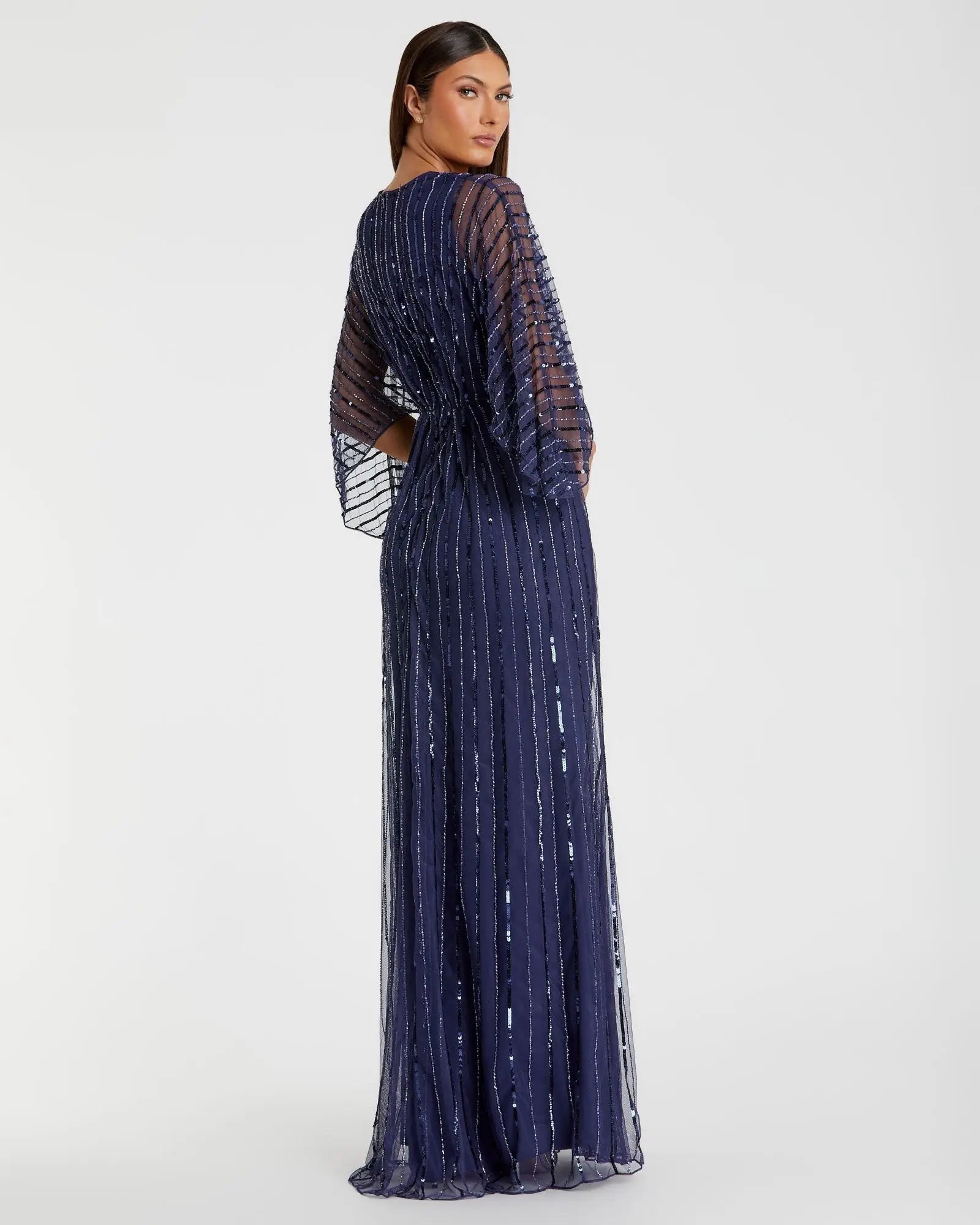 Navy Beaded Striping Kimono Sleeve V Neck Gown - FINAL SALE-Myartka