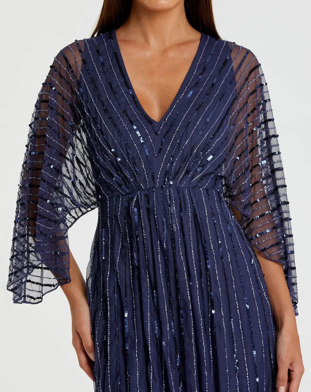 Navy Beaded Striping Kimono Sleeve V Neck Gown - FINAL SALE-Myartka