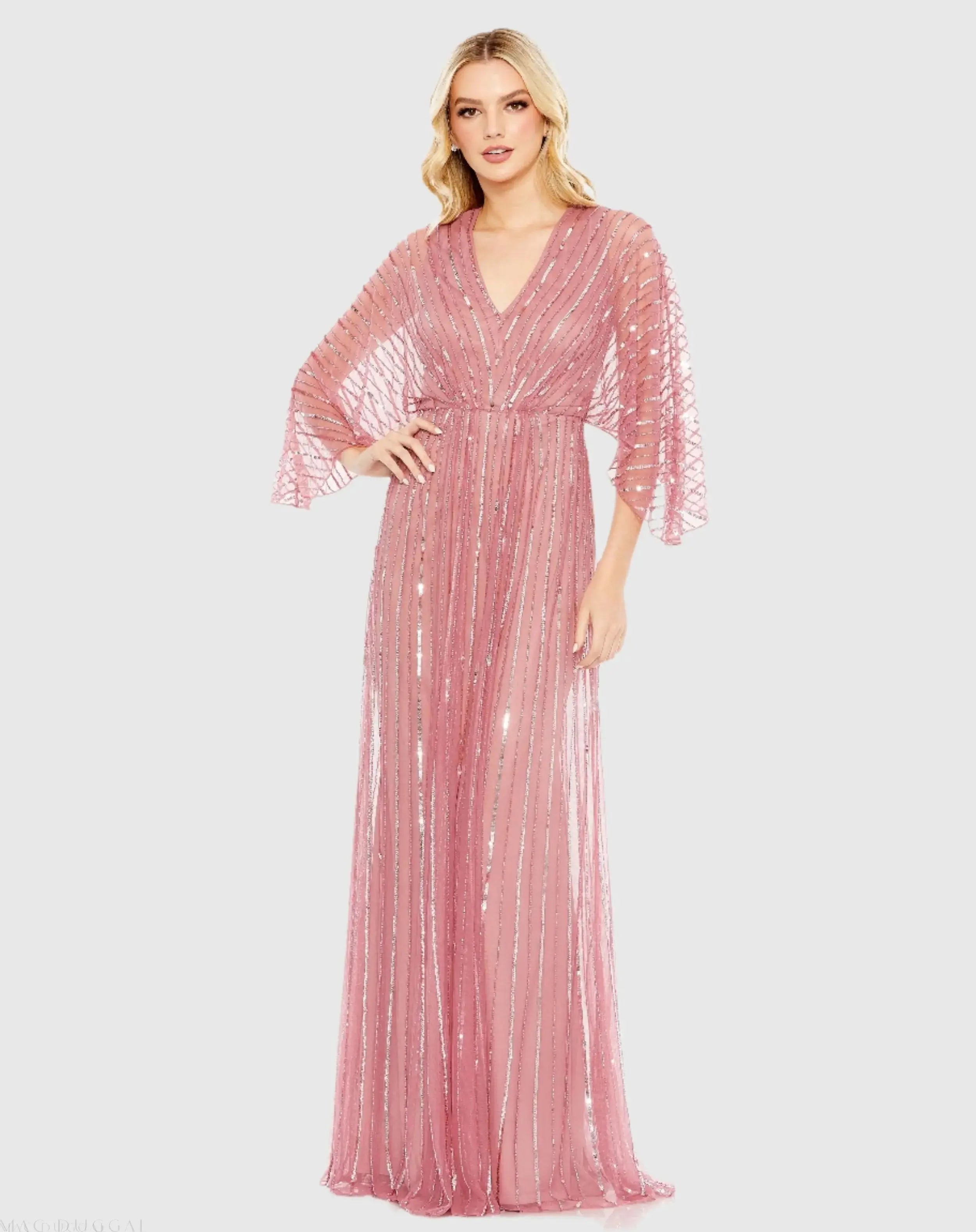 Beaded Striping Kimono Sleeve V Neck Gown-Myartka