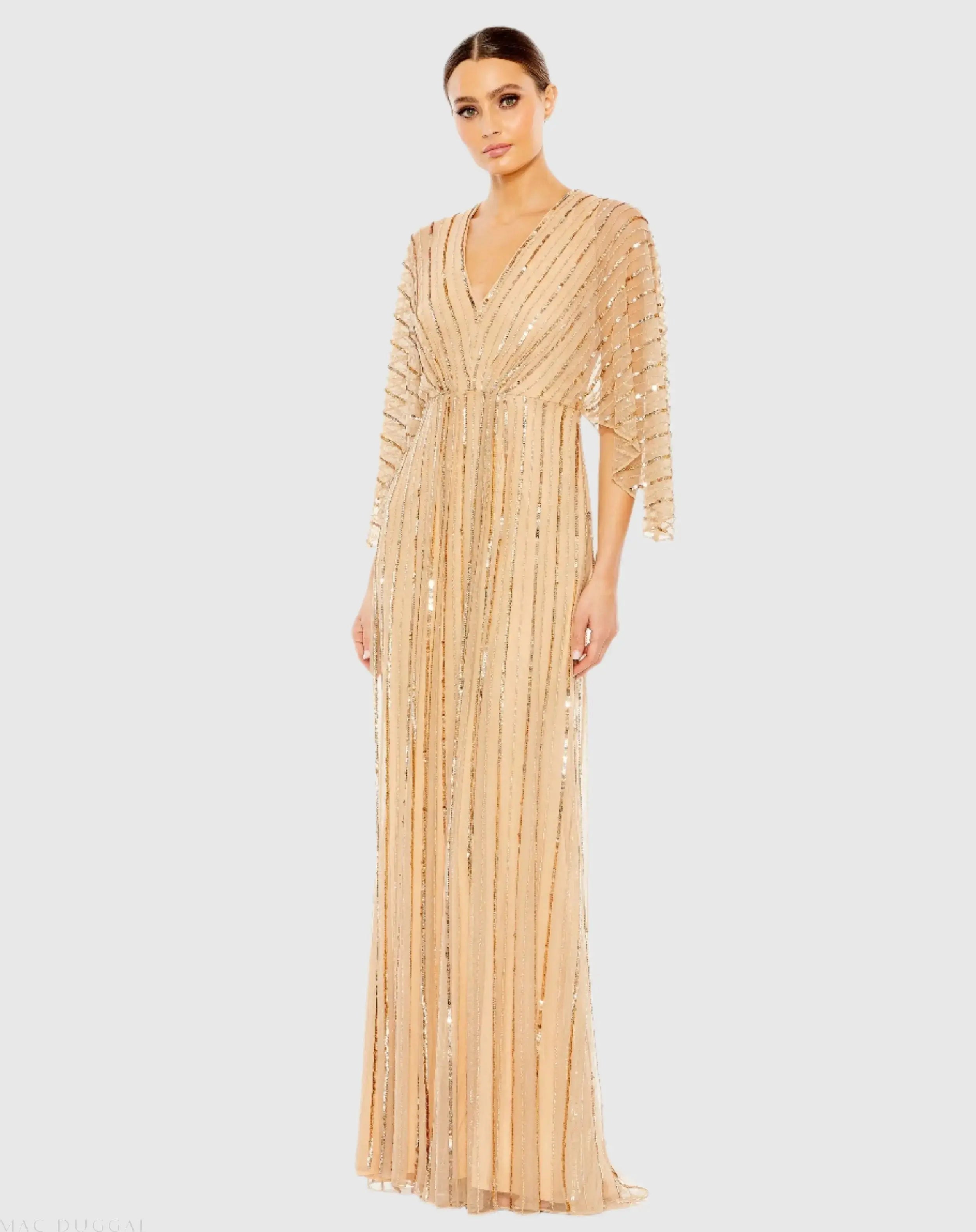 Beige Beaded Striping Kimono Sleeve V Neck Gown - FINAL SALE-Myartka