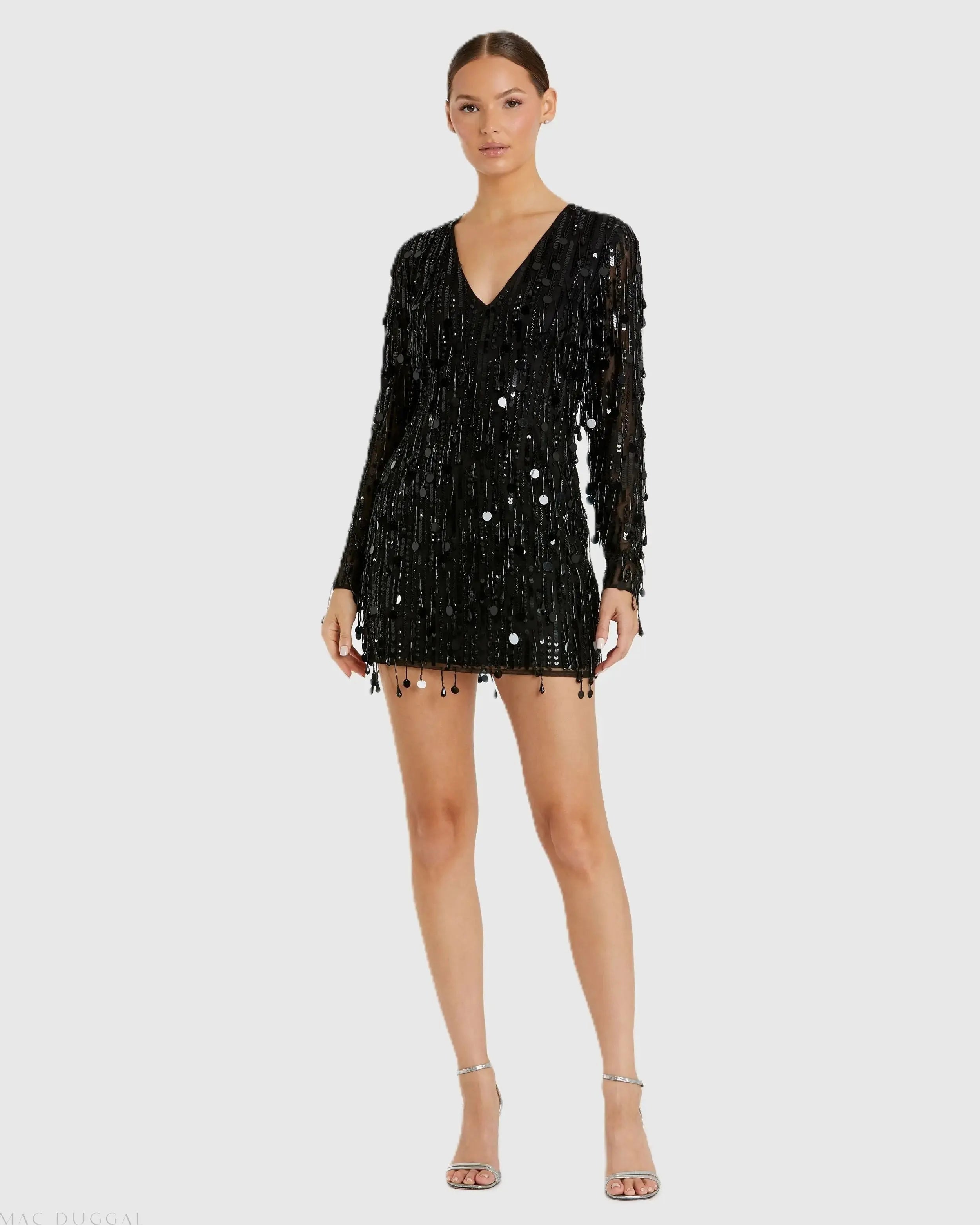 Black Long Sleeve Beaded Fringe Plunge Neck Dress-Myartka