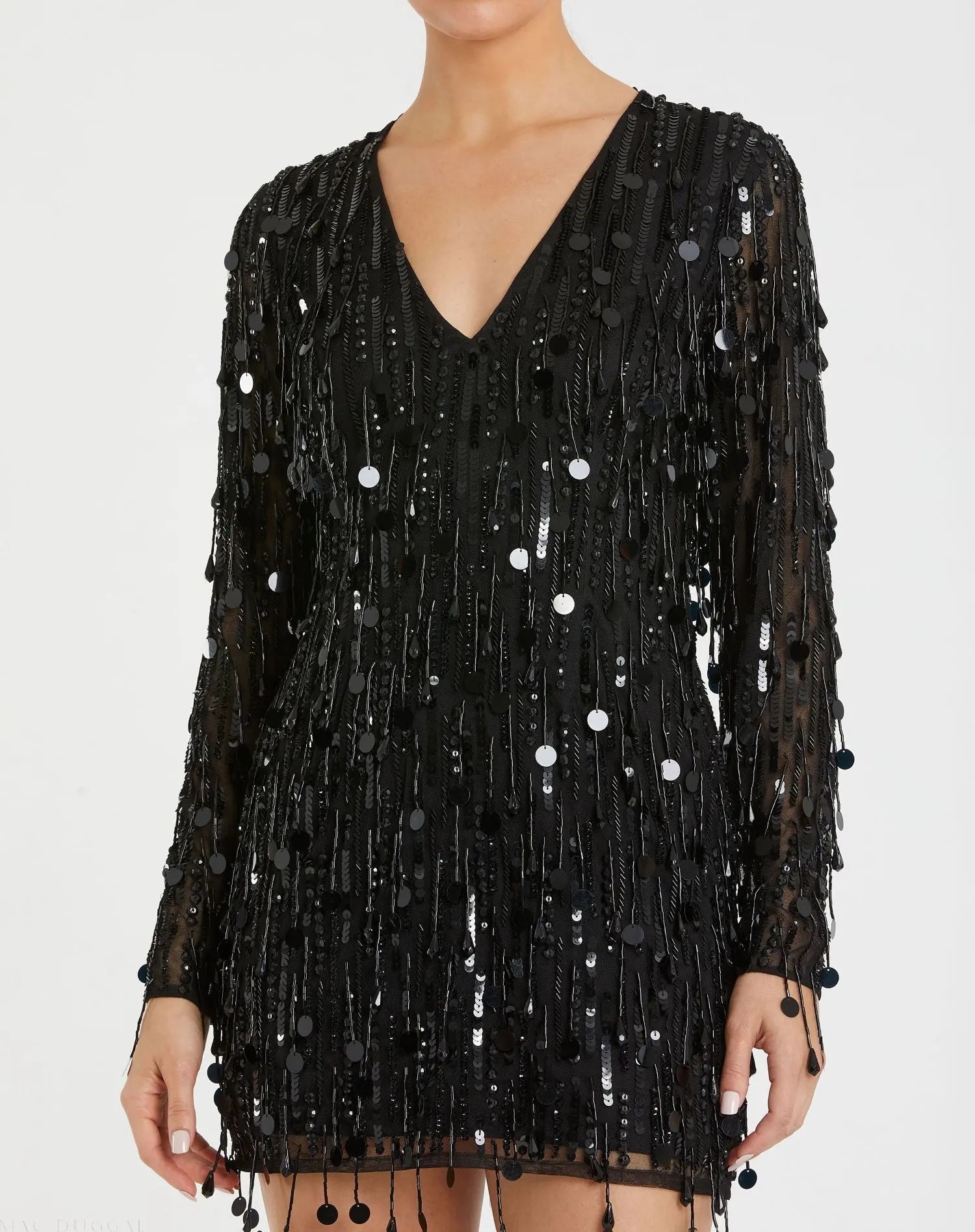 Black Long Sleeve Beaded Fringe Plunge Neck Dress-Myartka