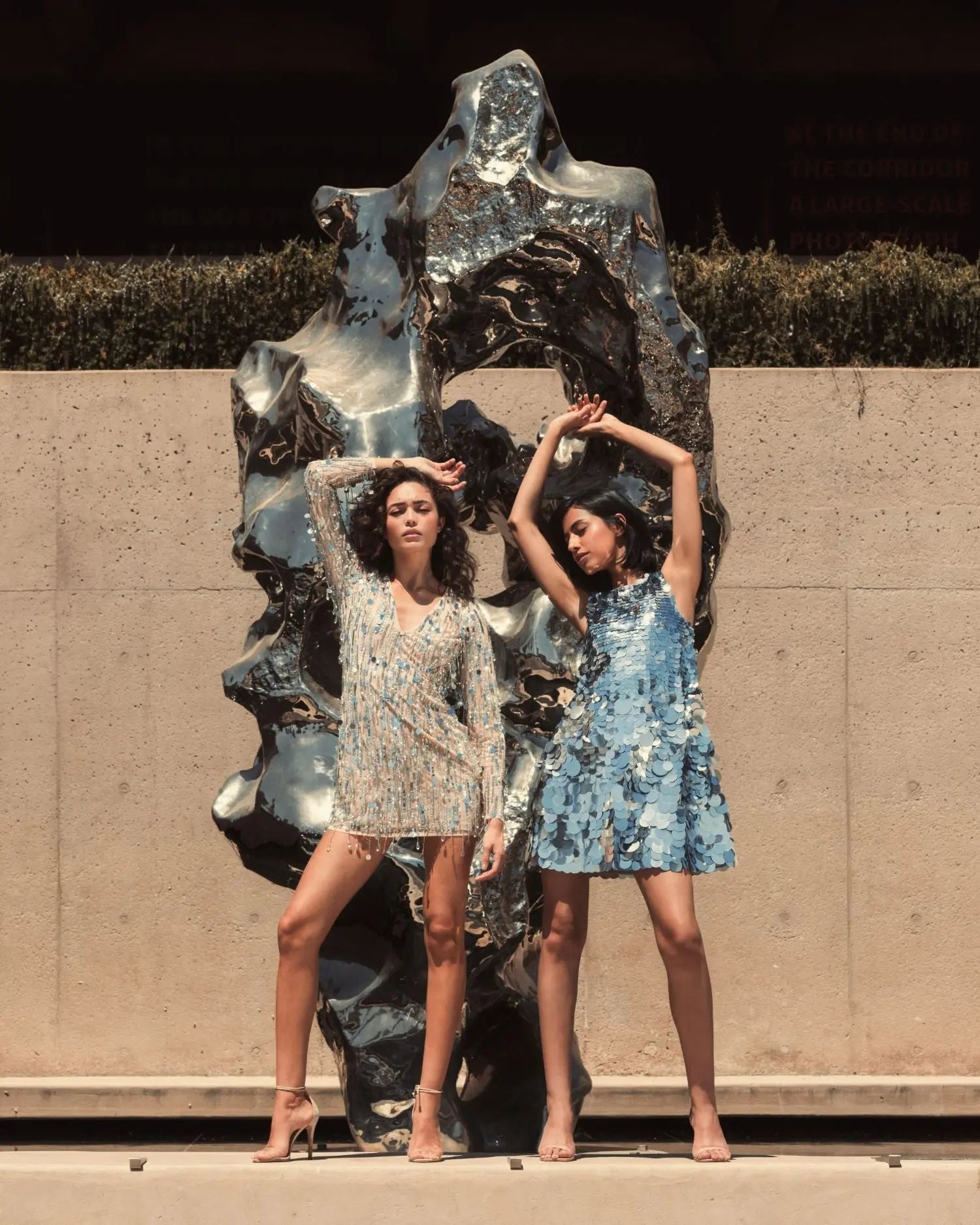 Silver Long Sleeve Beaded Fringe Plunge Neck Dress-Myartka