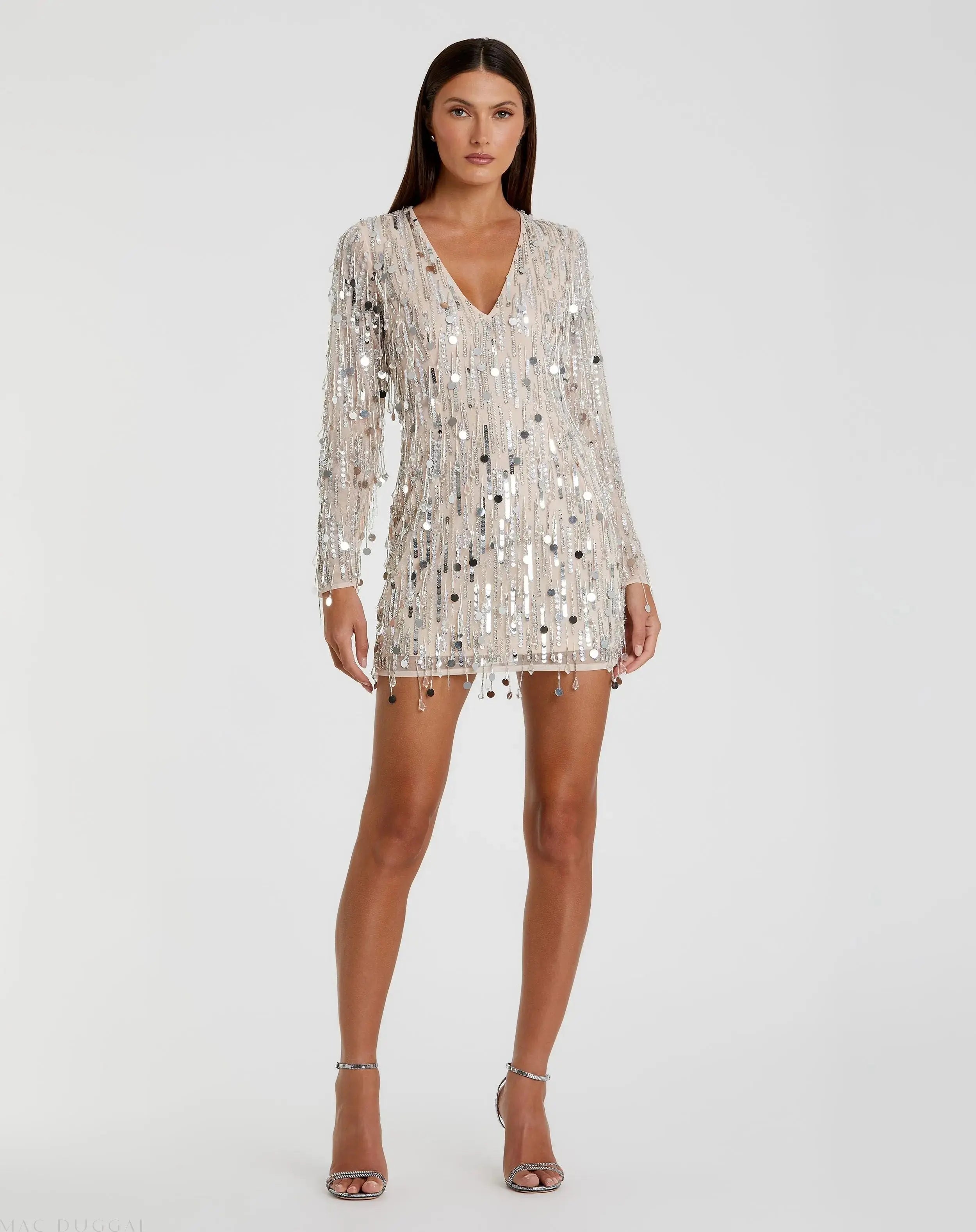 Silver Long Sleeve Beaded Fringe Plunge Neck Dress-Myartka