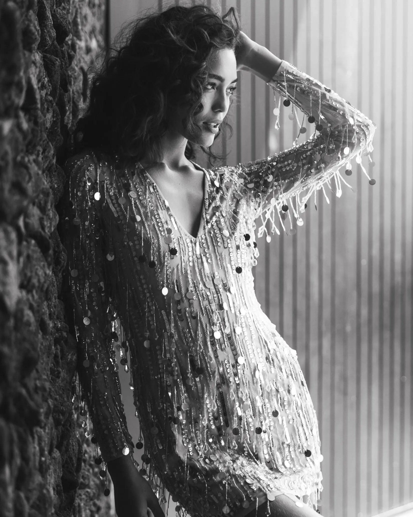 Silver Long Sleeve Beaded Fringe Plunge Neck Dress-Myartka