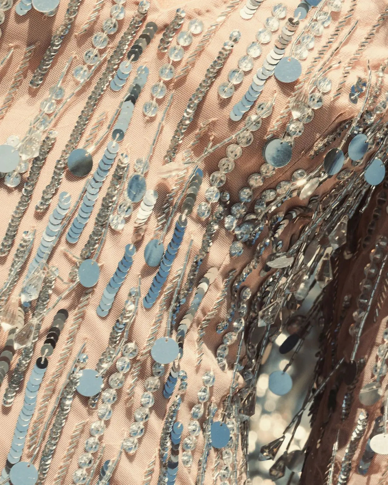 Silver Long Sleeve Beaded Fringe Plunge Neck Dress-Myartka