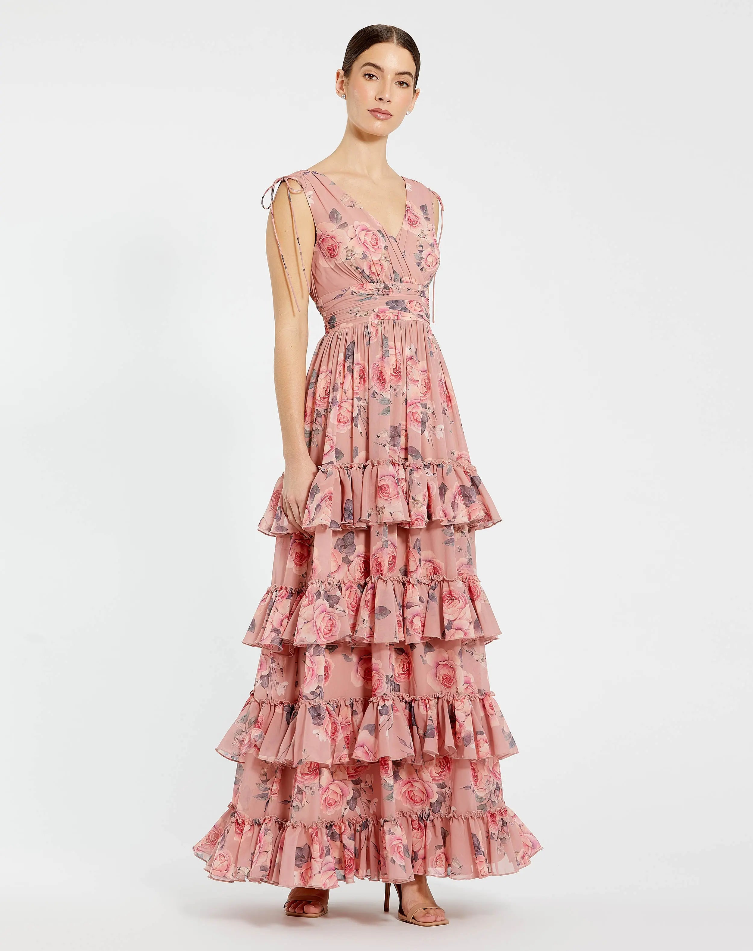 Pink Drawstring Shoulder Chiffon Tiered Floral Dress-Myartka