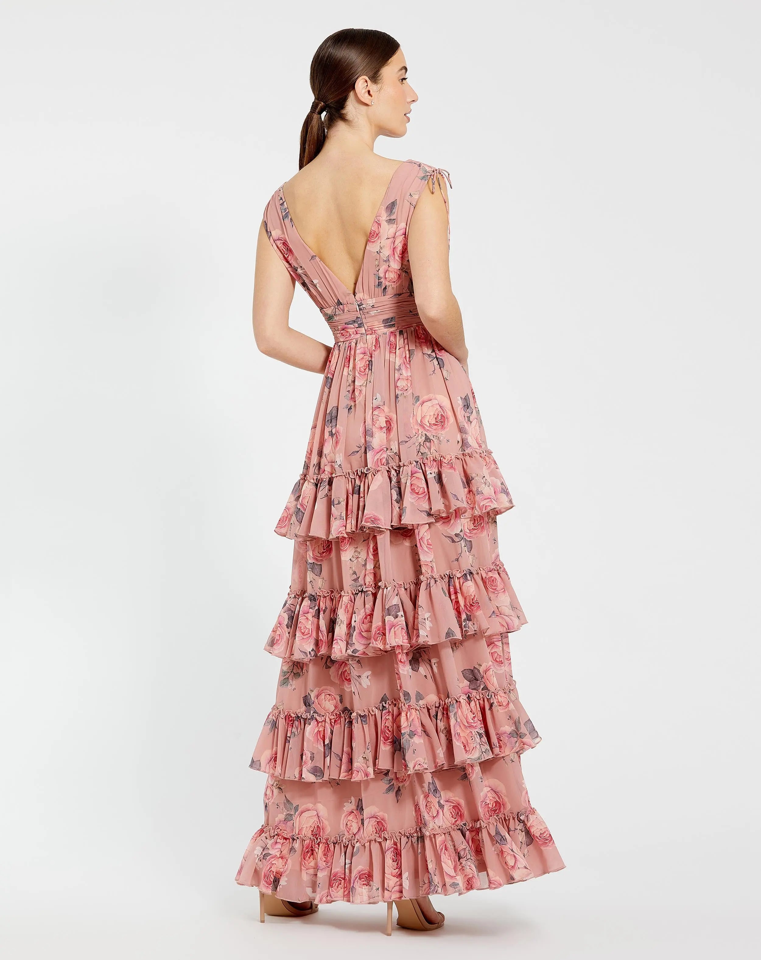 Pink Drawstring Shoulder Chiffon Tiered Floral Dress-Myartka