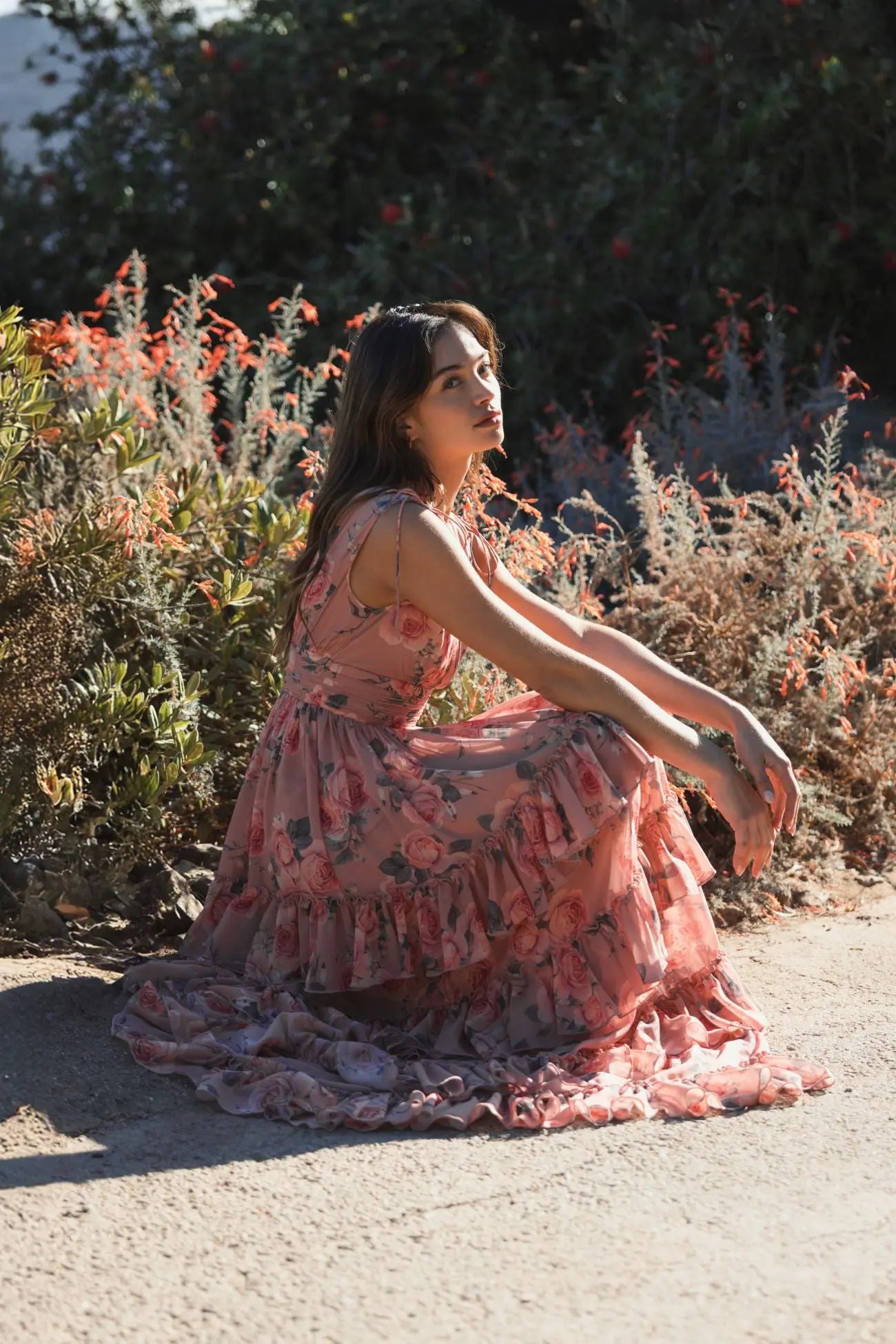 Pink Drawstring Shoulder Chiffon Tiered Floral Dress-Myartka