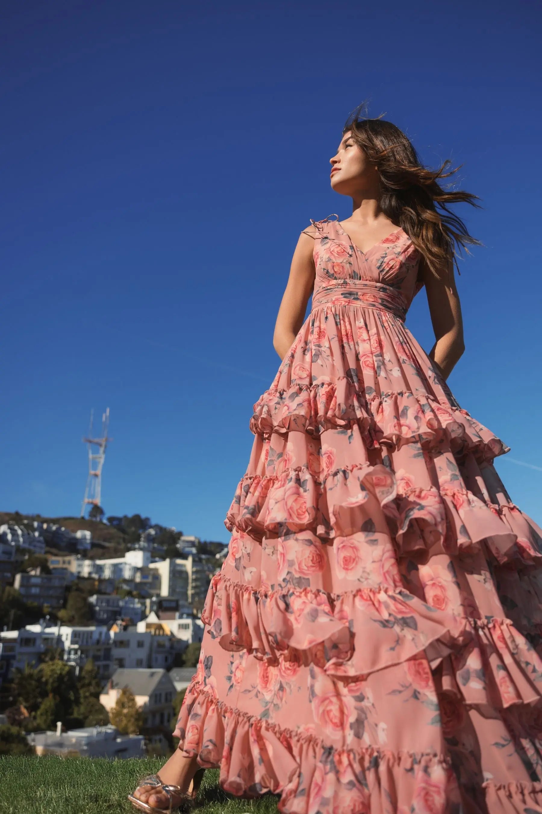 Pink Drawstring Shoulder Chiffon Tiered Floral Dress-Myartka