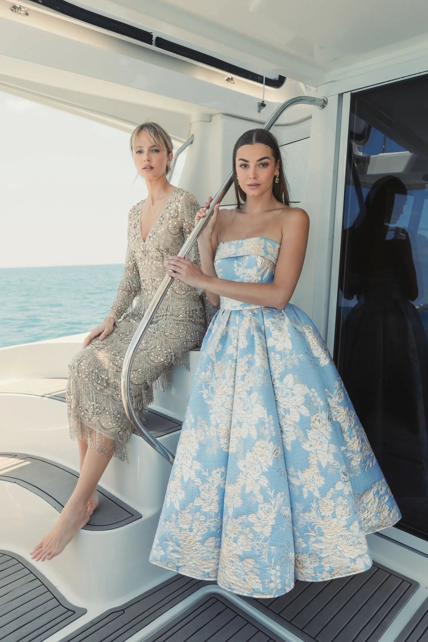 Light Blue Strapless Brocade Midi Dress With Pockets-Myartka