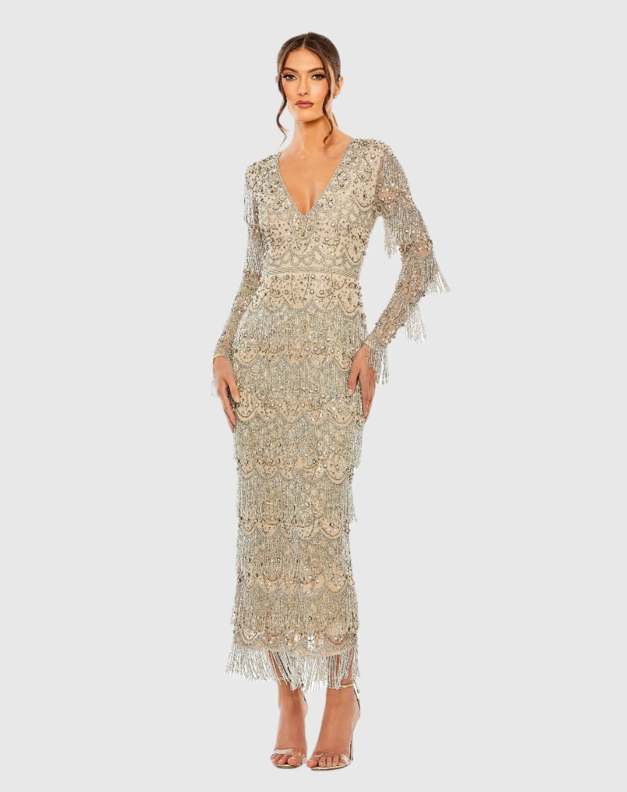 Beige V-Neck Beaded Fringe Embellished Sheath Dress-Myartka