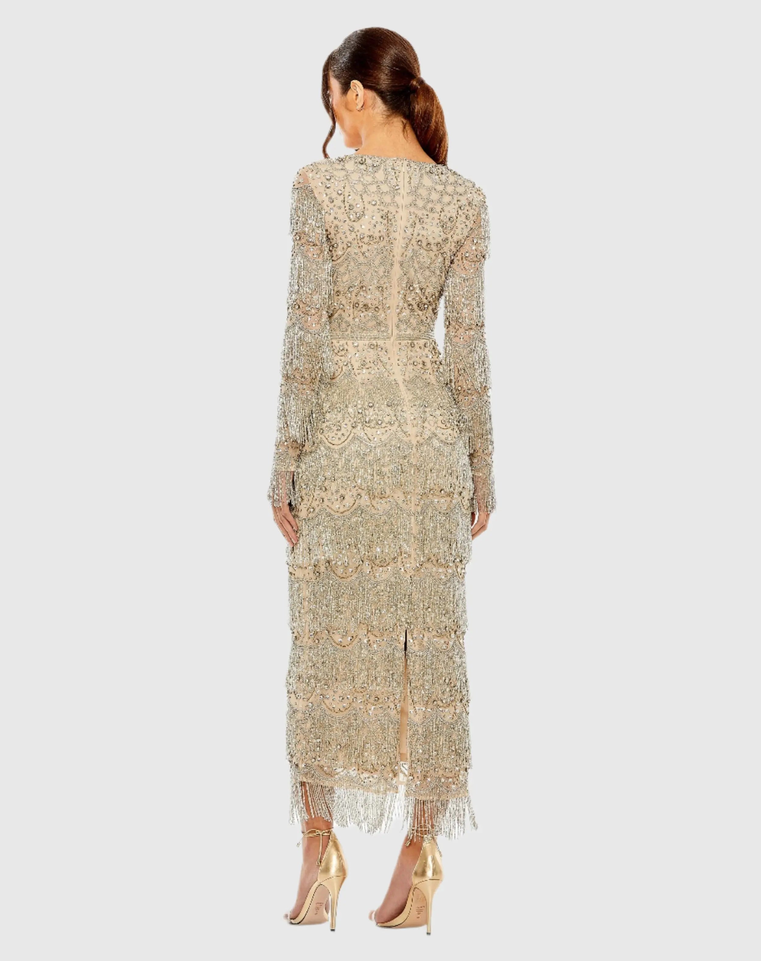 Beige V-Neck Beaded Fringe Embellished Sheath Dress-Myartka