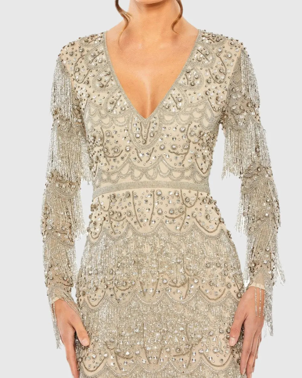 Beige V-Neck Beaded Fringe Embellished Sheath Dress-Myartka