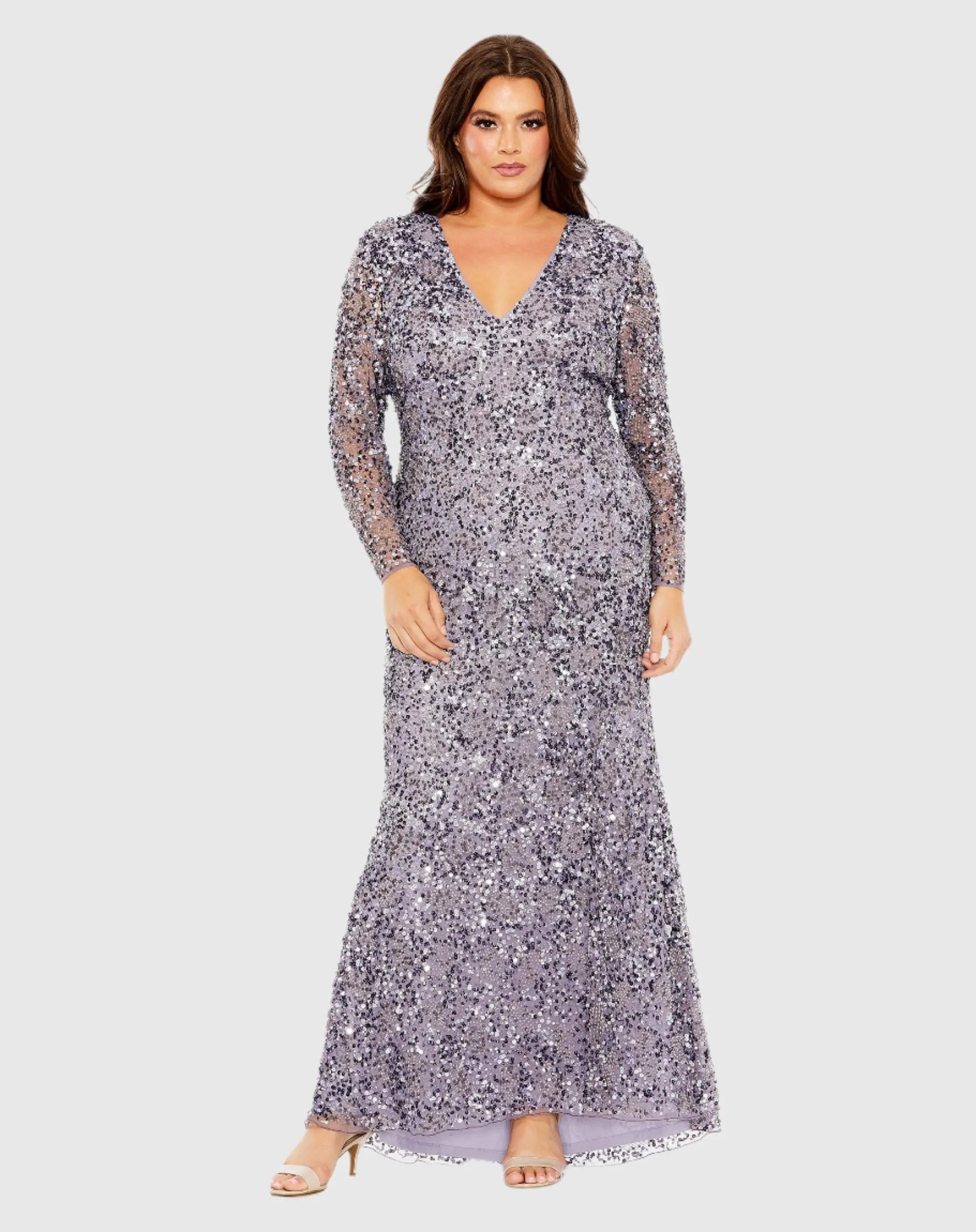 Purple V Neck Embellished Long Sleeve Gown-Myartka