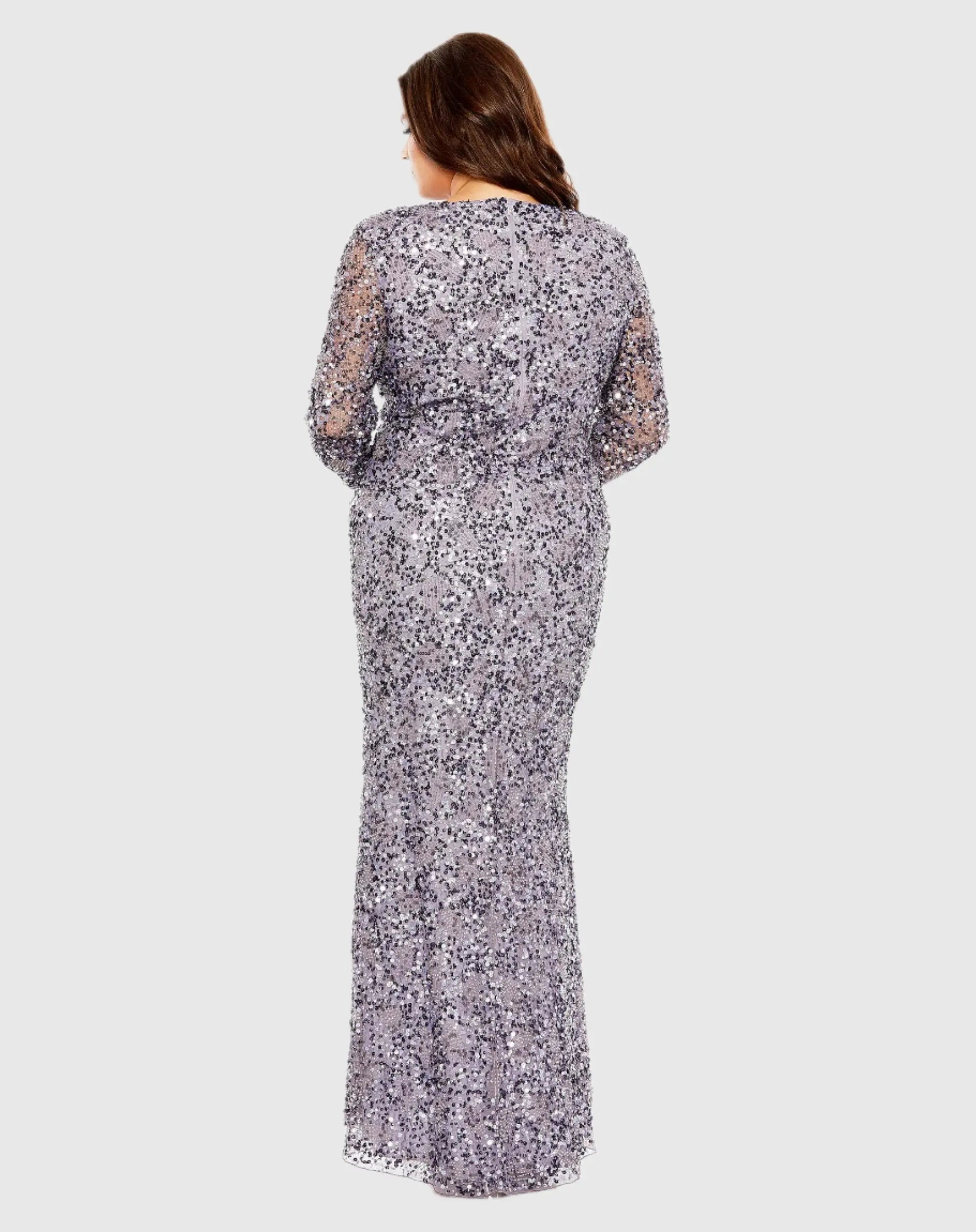 Purple V Neck Embellished Long Sleeve Gown-Myartka