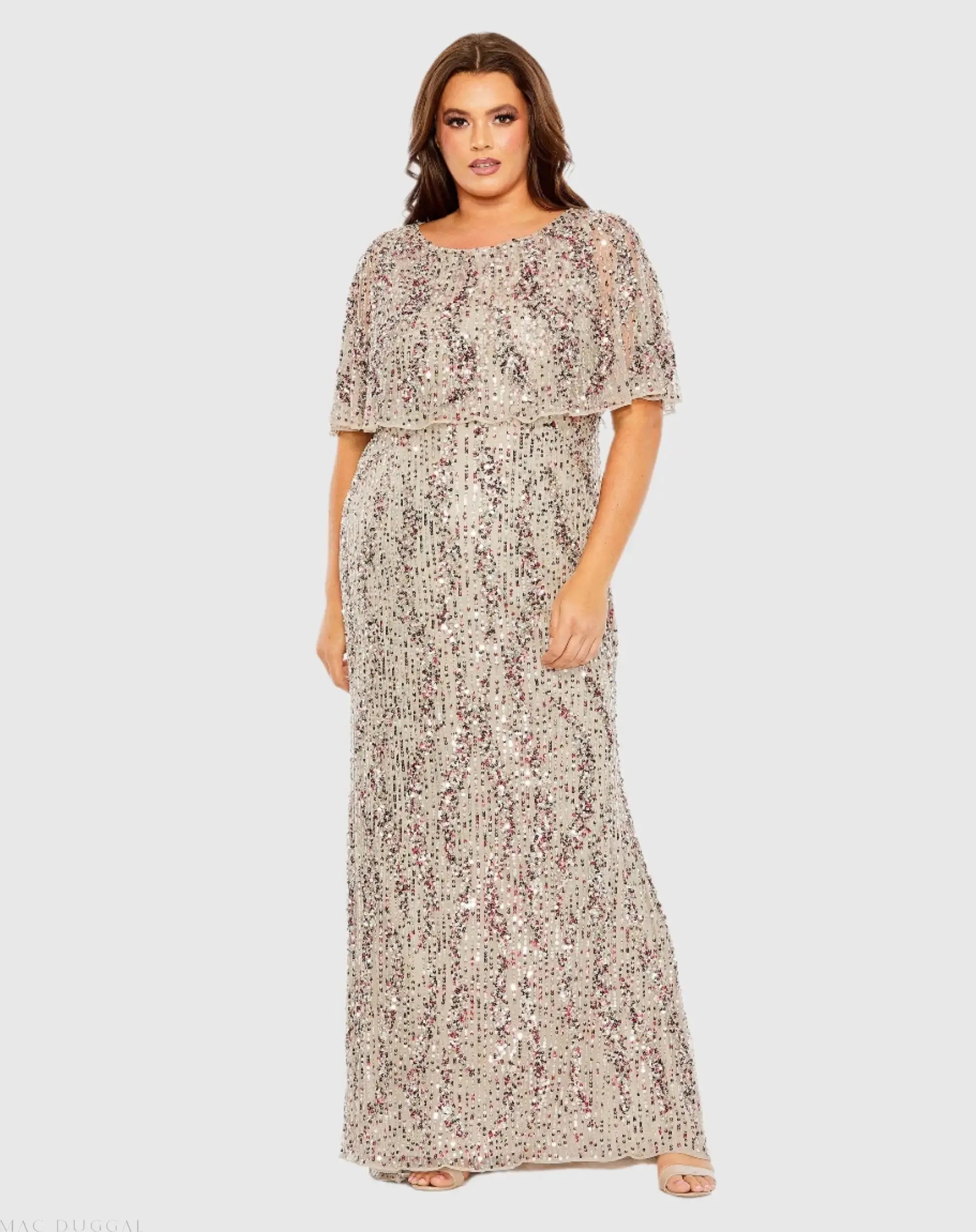 Beige High Neck Column Gown with Cape (Plus) - FINAL SALE-Myartka